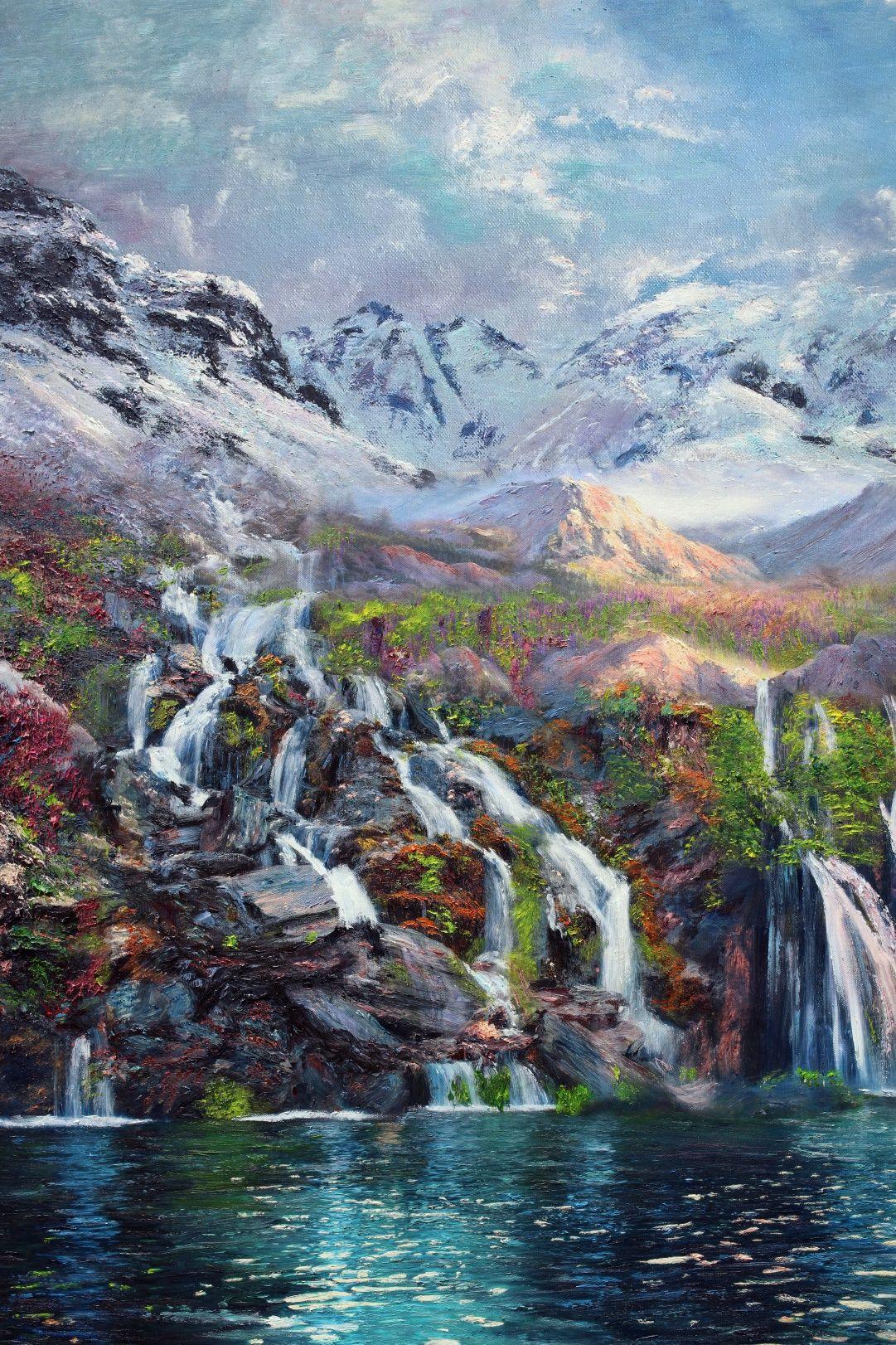 â€œA Spectacular view of cascading waterfalls in a mountain range crashing to the sparkling lagunaâ€.     The painting is executed in Clear Impressionism style in thick oils with bright colors, fluid motion and thick texture. Canvas is stretched on