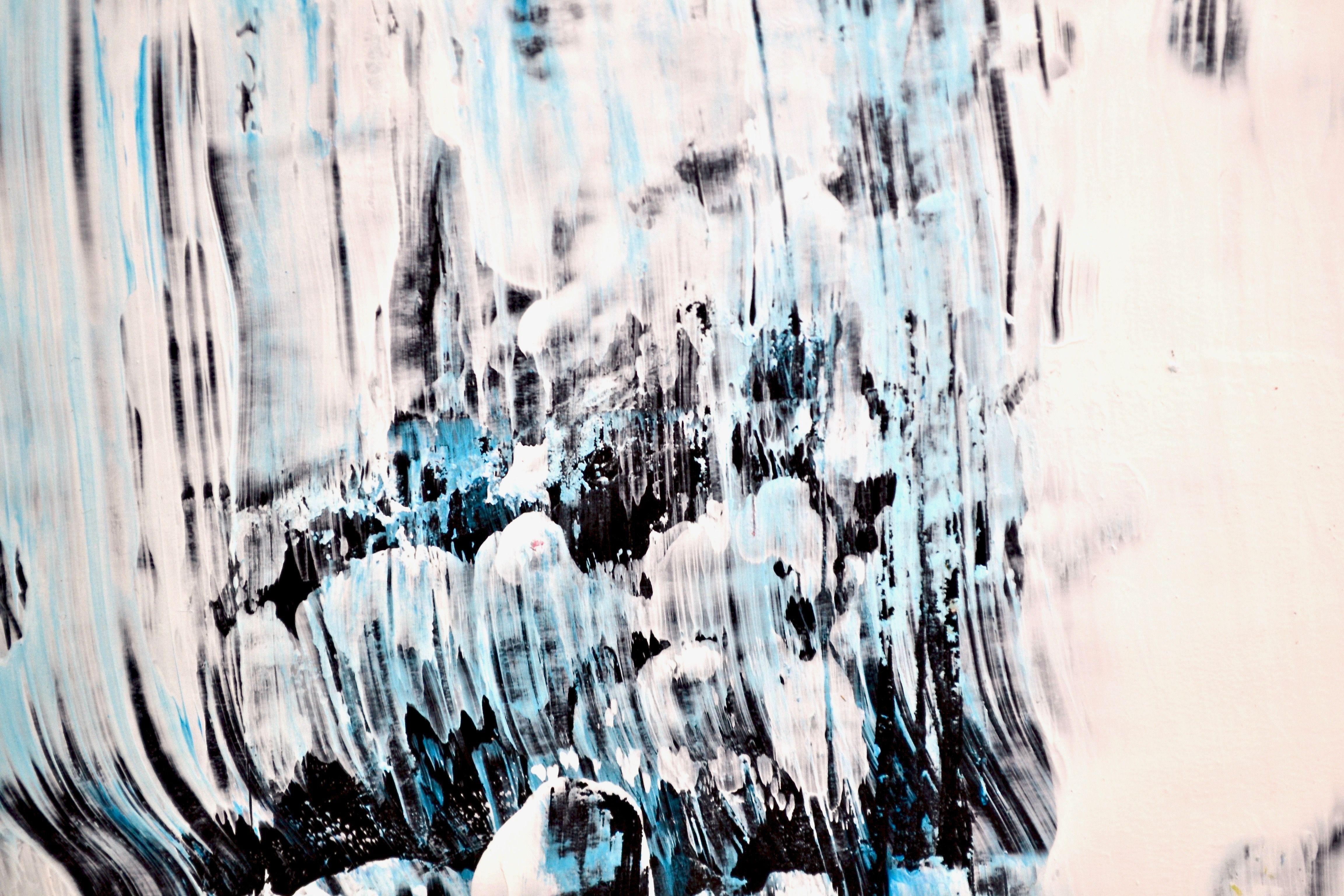 'Waterfall 3 - Blue and White On Black' is an original Abstract Expressionist painting using Acrylic paints on black printed high quality paper and including an array of blues.    The black paper background was 'recycled' from the back of a