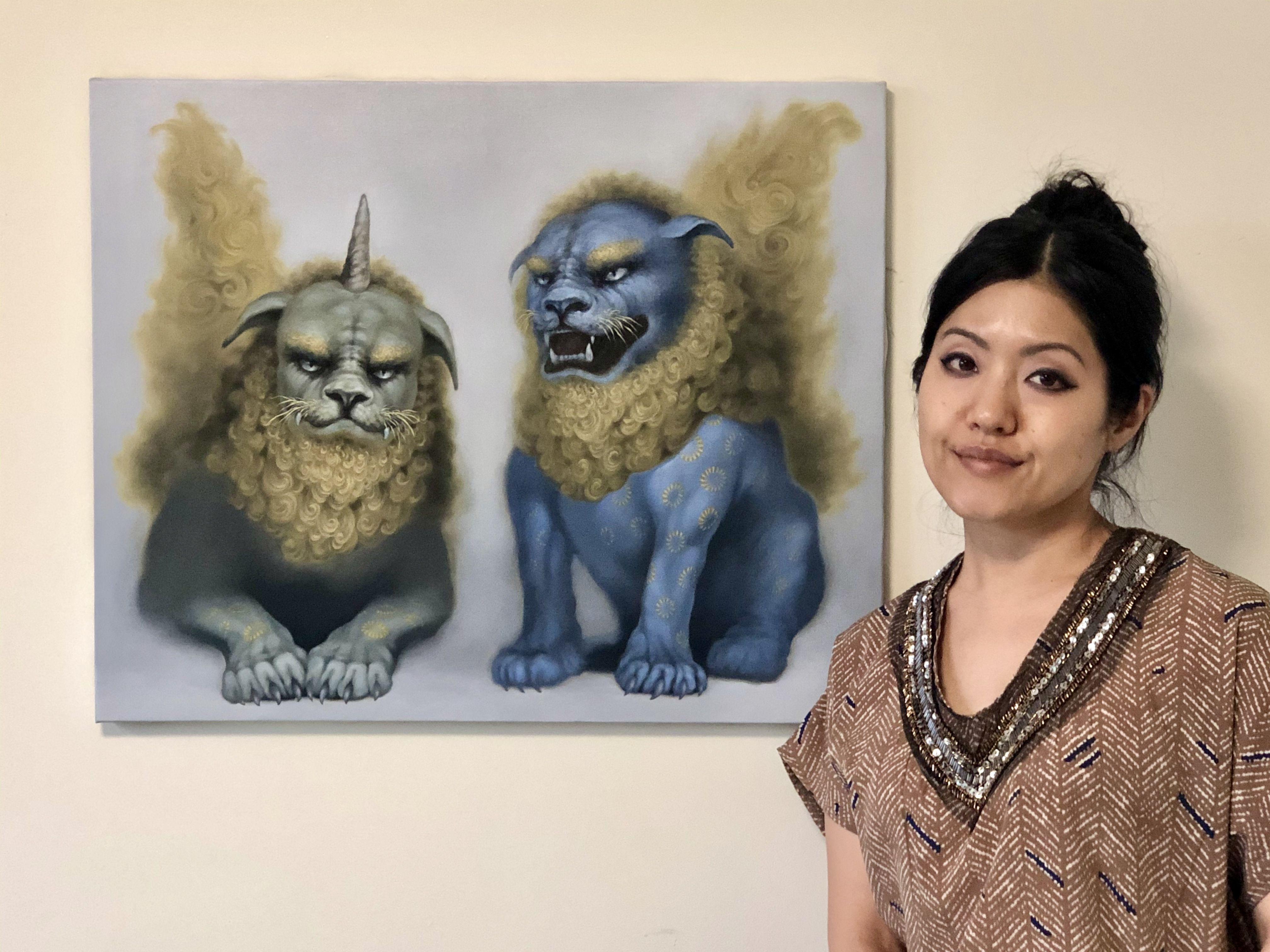 Japanese Komainu is like a lion and dog shape animal and is dedicated to the shrine which is also believed to be an imaginary creature.    The Komainu statue is placed in pairs at the shrine entrance. Frequently, the mouth shows the shape of 
