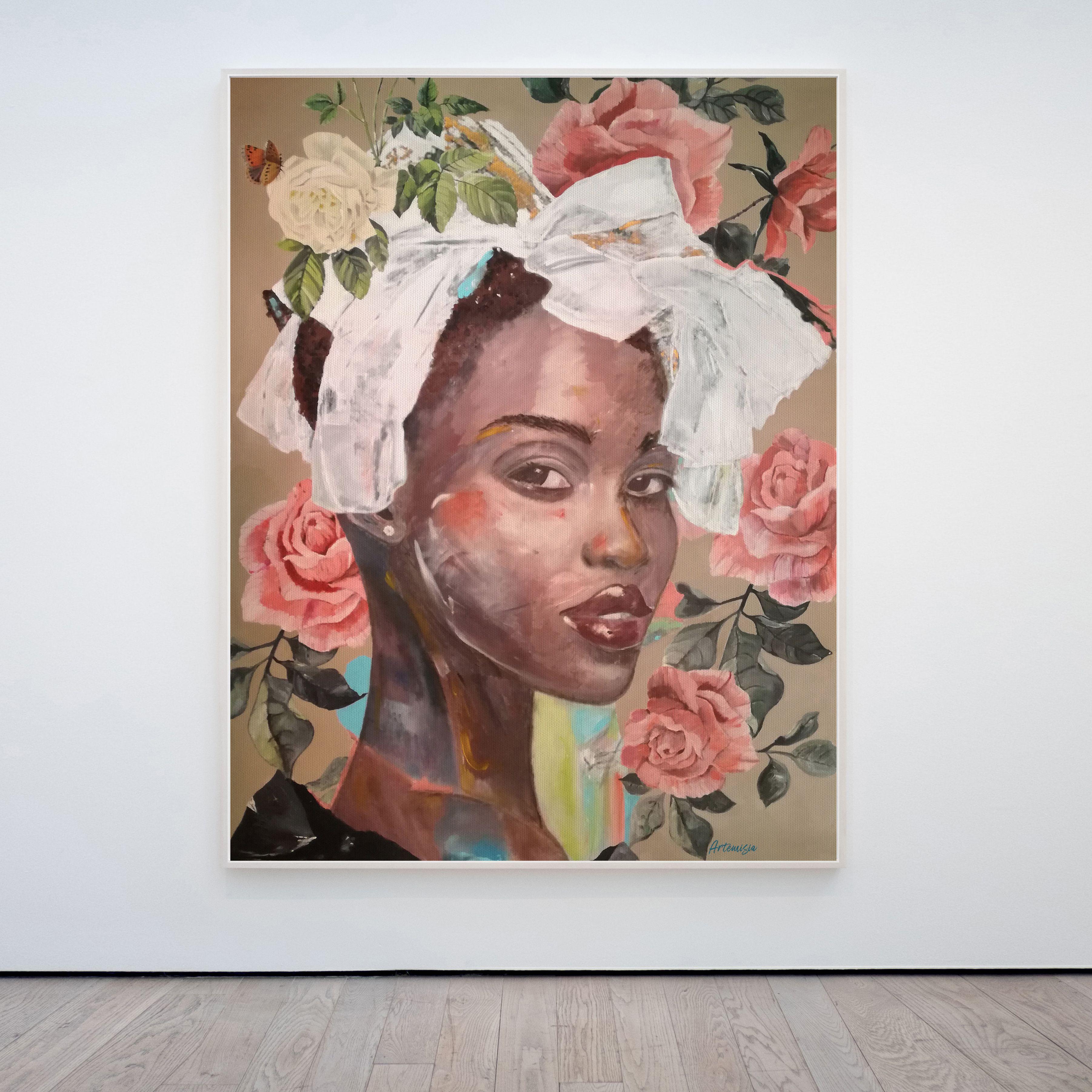 Art-Deco style, Colonial atmosphere, inspired by floral and dark skinned powerful beauty of Mary Ann - Mysterious Rose Collection. Large scale Cabarete composition painting on Canvas. Satin varnished protection. The colors are bright and vibrant.