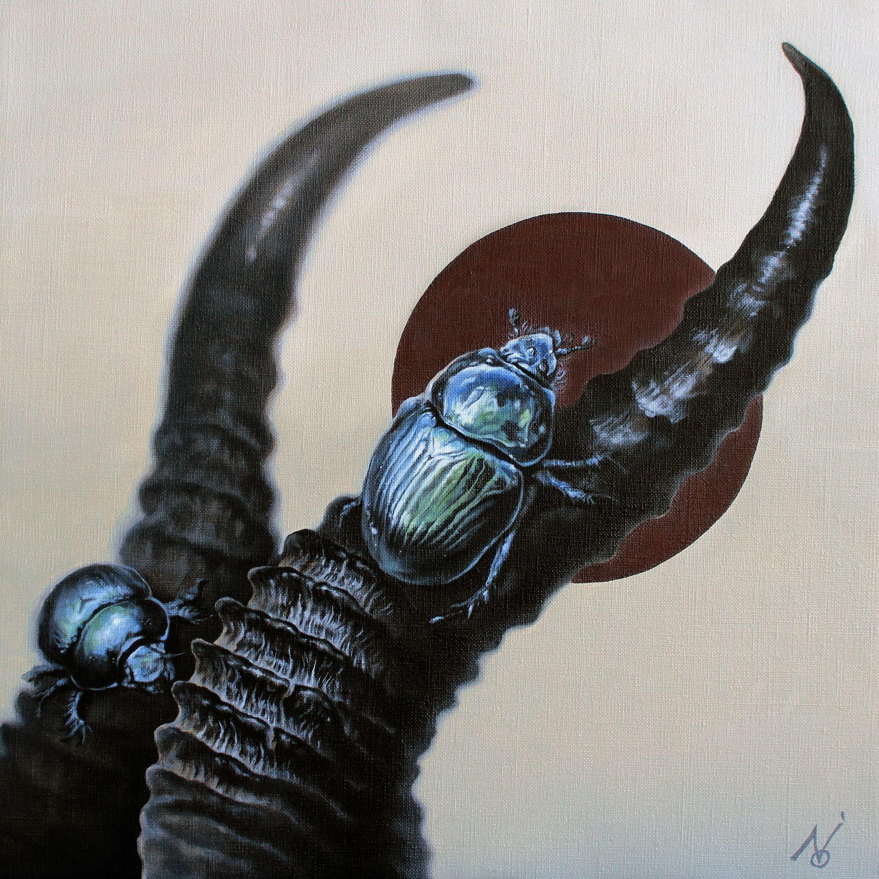 The Crawler 1. (sur les cornes d'animaux), peinture, huile sur toile - Painting de Yuko Montgomery