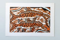 Upside Down Cat Fishes, Elia Shiwoohamba, cardboard print on paper
