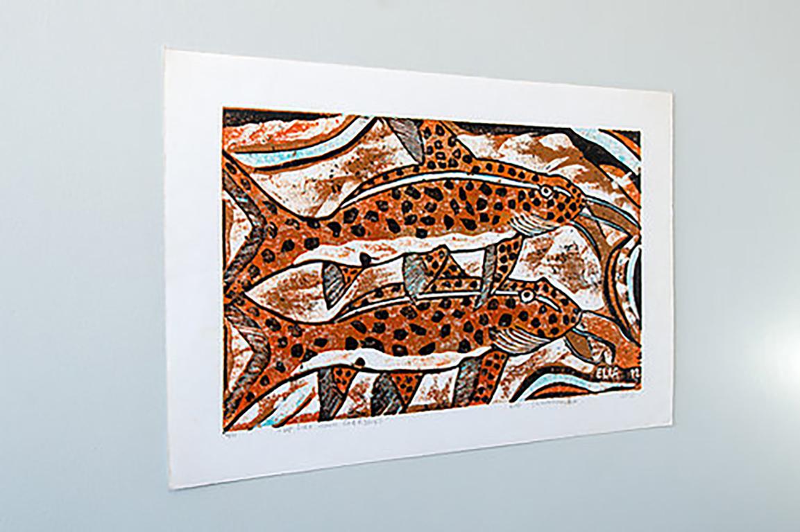 Upside down cat fishes, 2012. Cardboard print on paper, 4/4

Elia Shiwoohamba was born in 1981 in Windhoek, Namibia. He graduated from the John Muafangejo Art Centre in Windhoek in 2006. Specialising in printmaking and sculpture, Shiwoohamba works