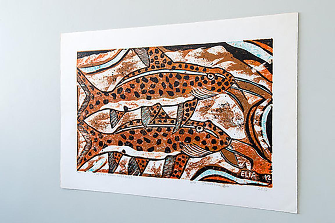 Upside Down Cat Fishes, Elia Shiwoohamba, cardboard print on paper For Sale 1