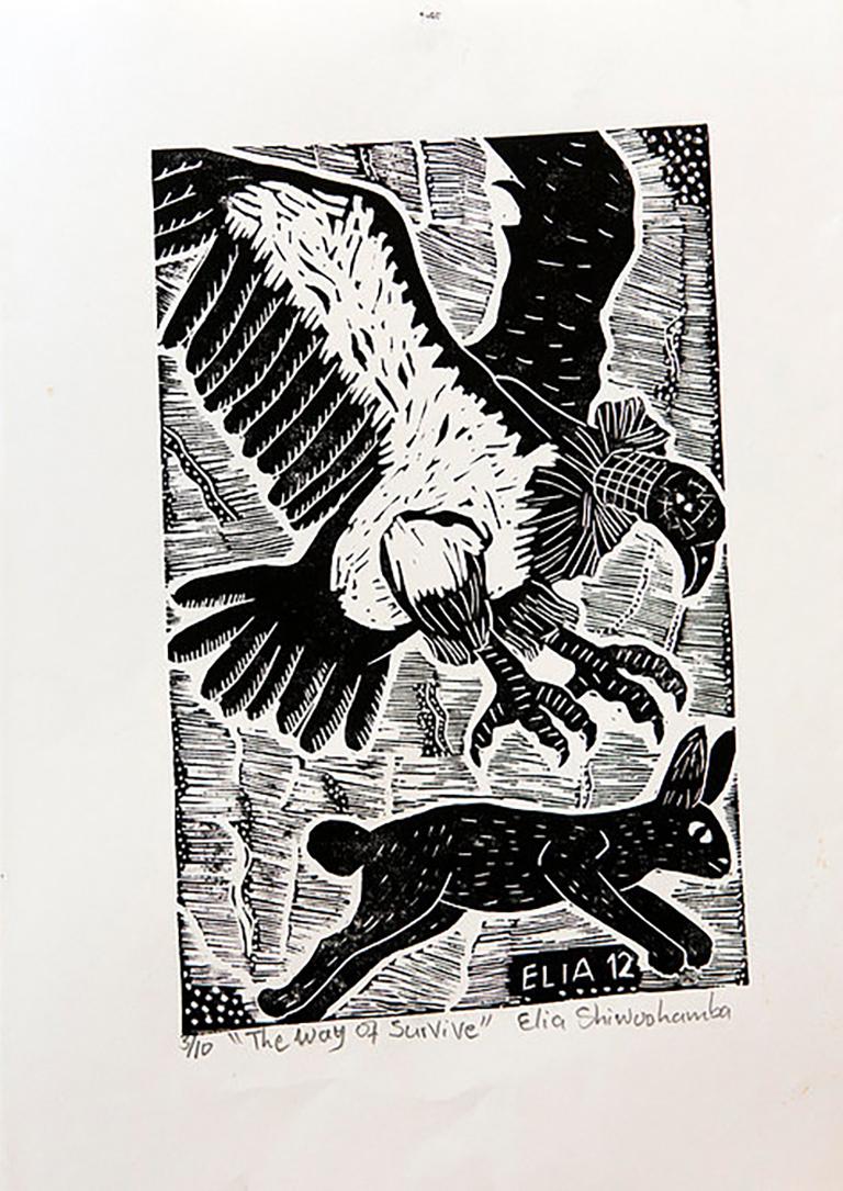 The Way of Survive, Elia Shiwoohamba, Linoleum block print on paper