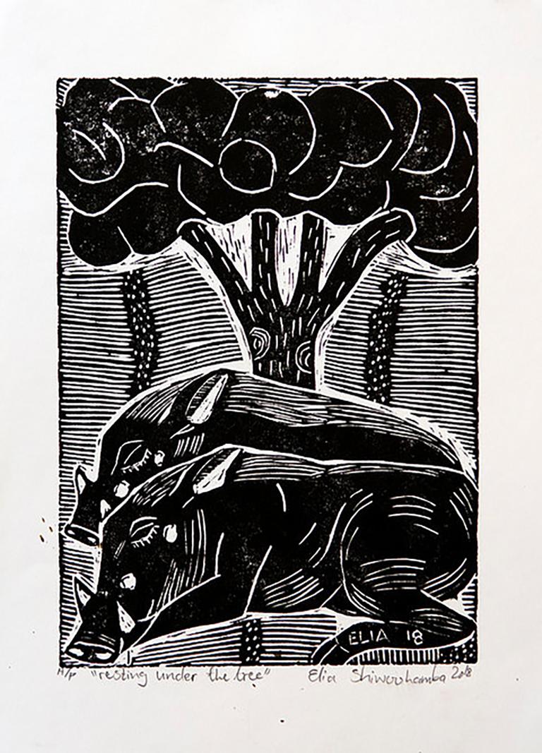 Resting Under The Tree, Elia Shiwoohamba, Linoleum block print on paper
