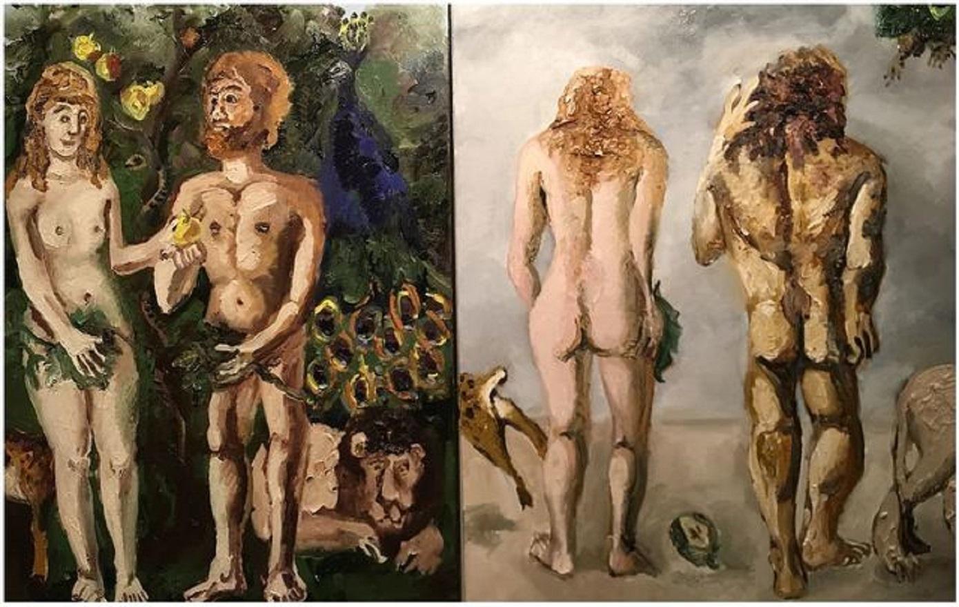 Adam and Eve, colorful, symbols, mythology  - Painting by Natalya Nesterova