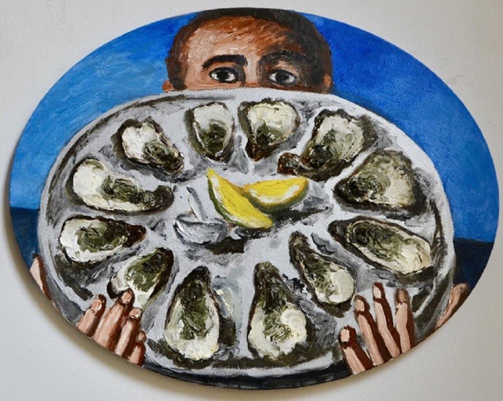 Waiter with oysters, figurative, colorful - Painting by Natalya Nesterova