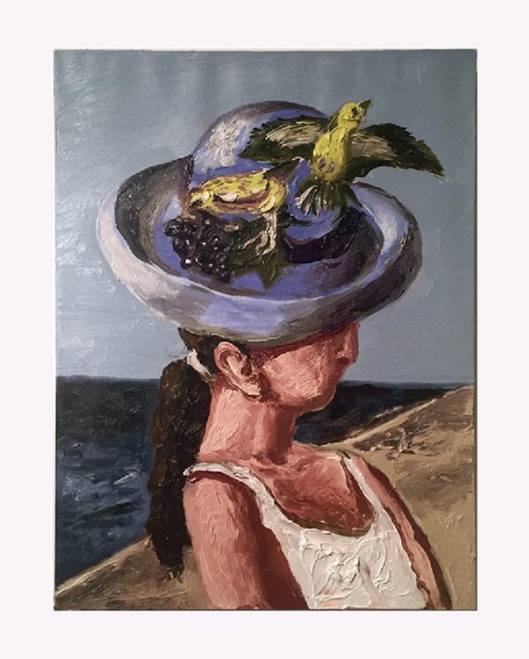 Hat with Bird, colorful, figurative  - Painting by Natalya Nesterova
