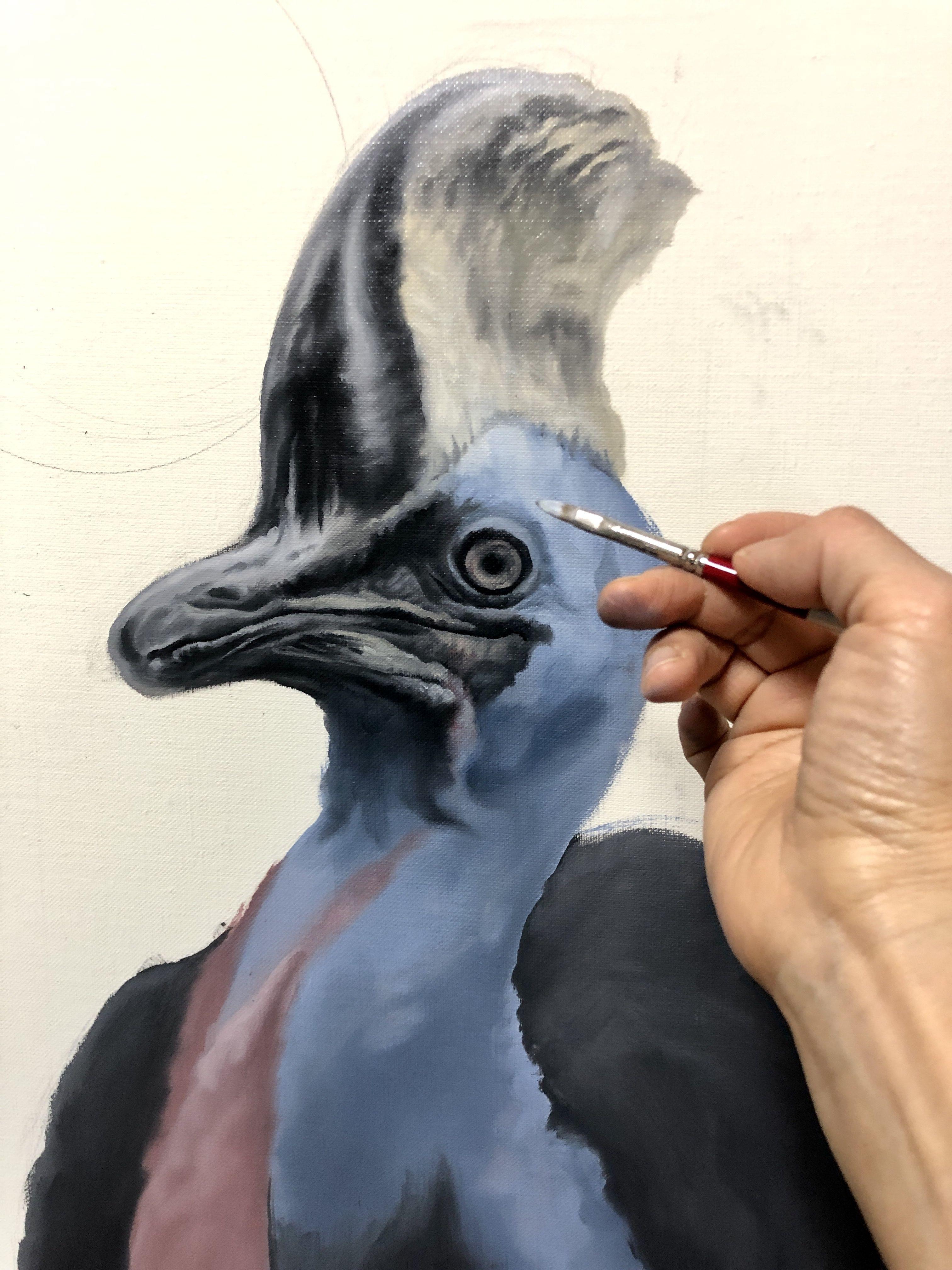 Photorealistic colorful tropical bird painting/portrait of the cassowary, also known as dinosaur bird, or one of the most dangerous birds in the world. I channel my enthusiasm for the amazing characteristics of animals by rendering them with