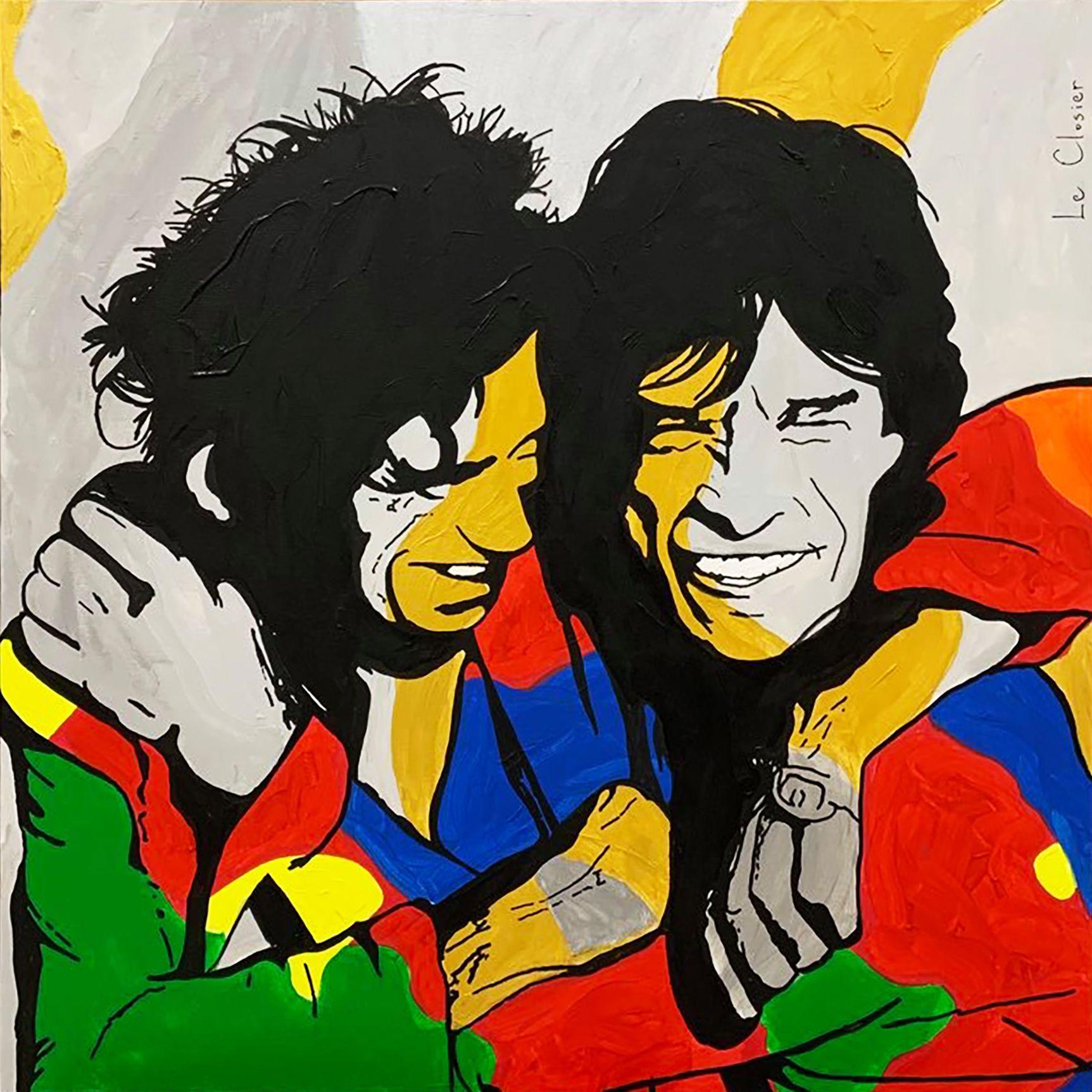 MICK & KEITH.  Mick Jagger and Keith Richards, singer and lead guitarist of the ROLLING STONES.  Original painting.  Acrylic, spray paint and golden oil on canvas.  30in x 30in (76cm x 76cm).  Ready to hang. :: Painting :: Pop-Art :: This piece