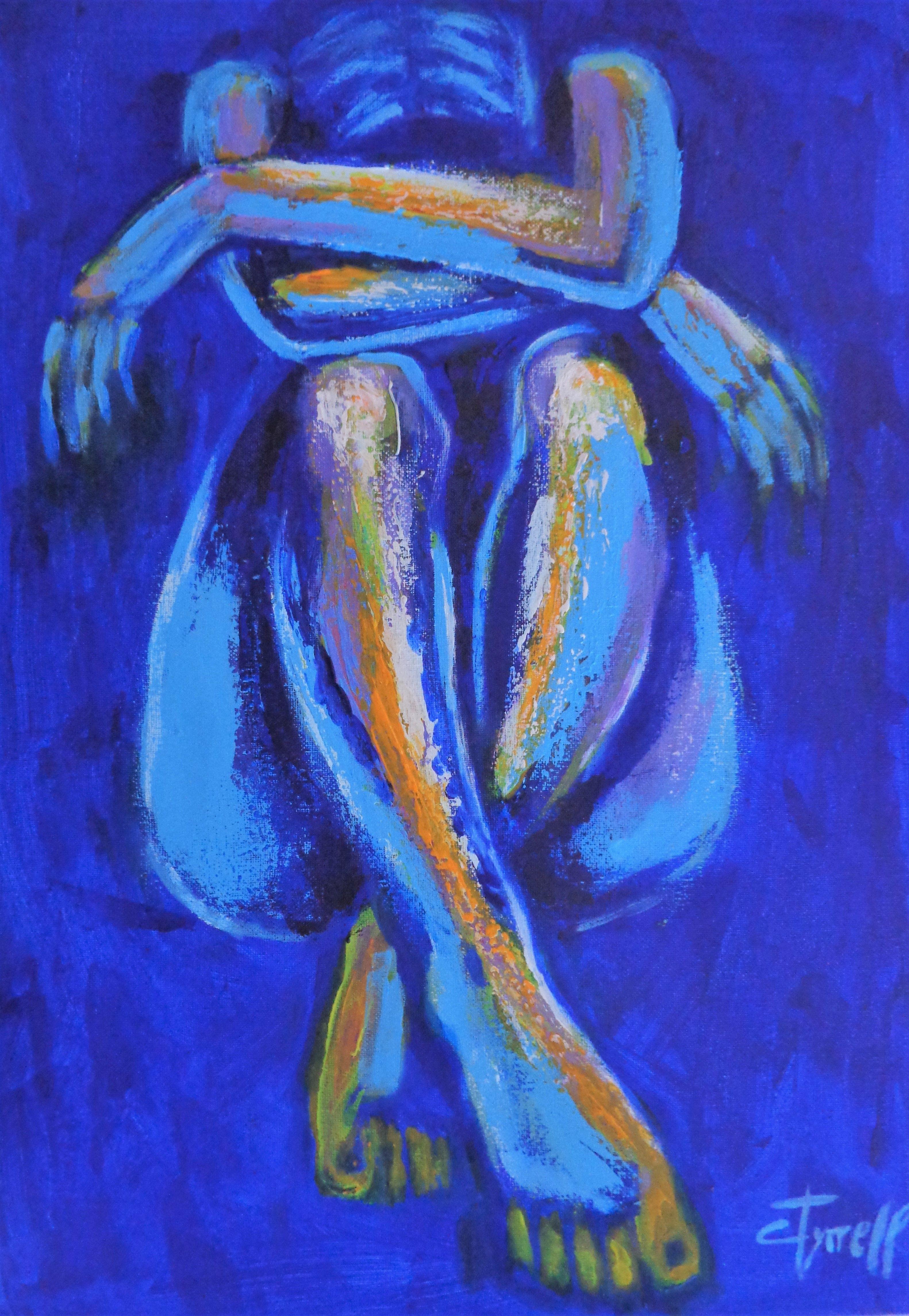Nude Painting Carmen Tyrrell - Peinture « Blue Mood 6 » représentant un nu féminin, acrylique sur toile