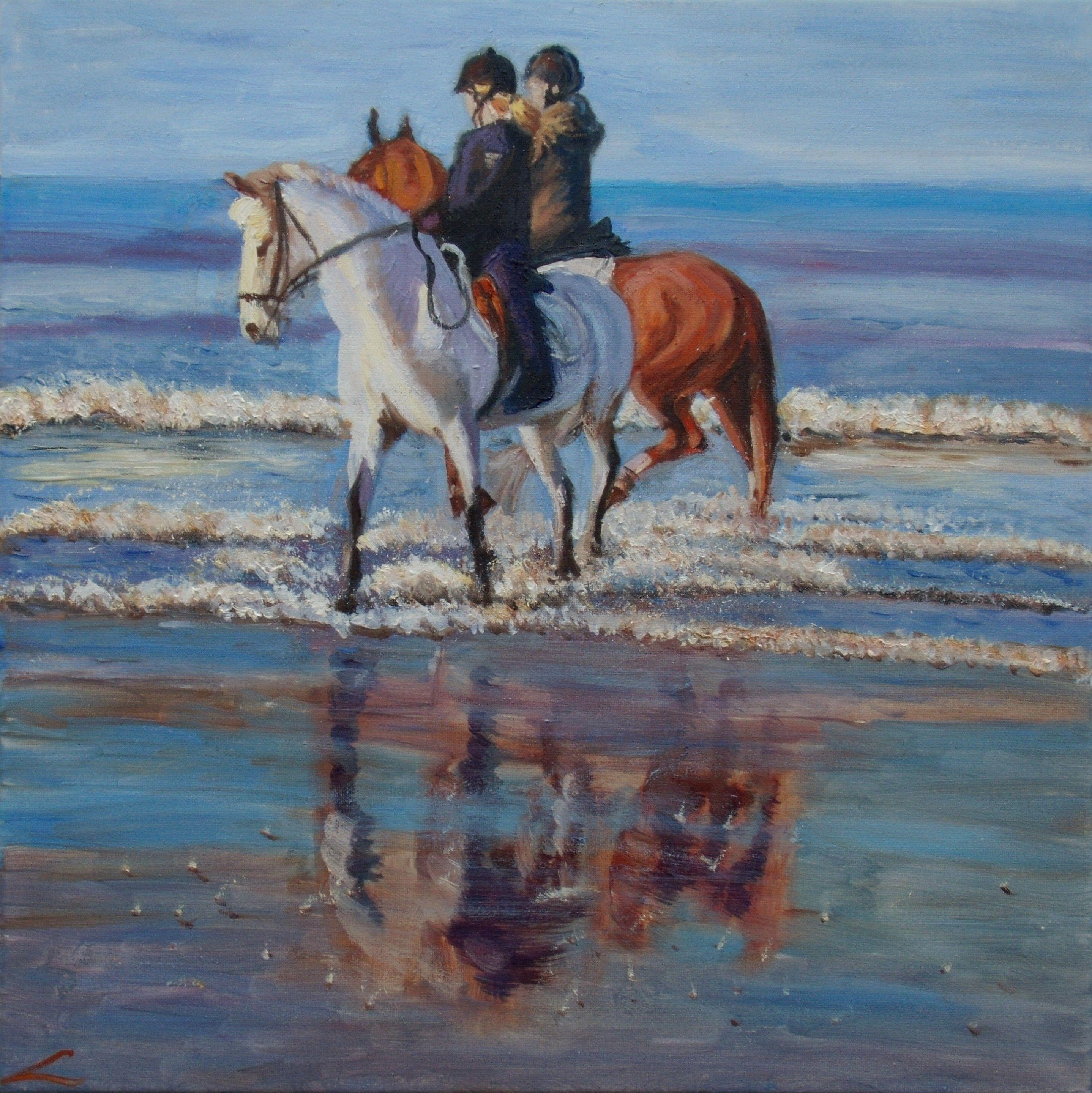 Two girls on horses at the sea.  Alla prima oil painting with few final tuch when dry.Water right by the edge of the shore. Waves crashing at my feet. Beautiful weather with a big shining sun. And Iâ€™m standing there taking it all in.  :: Painting