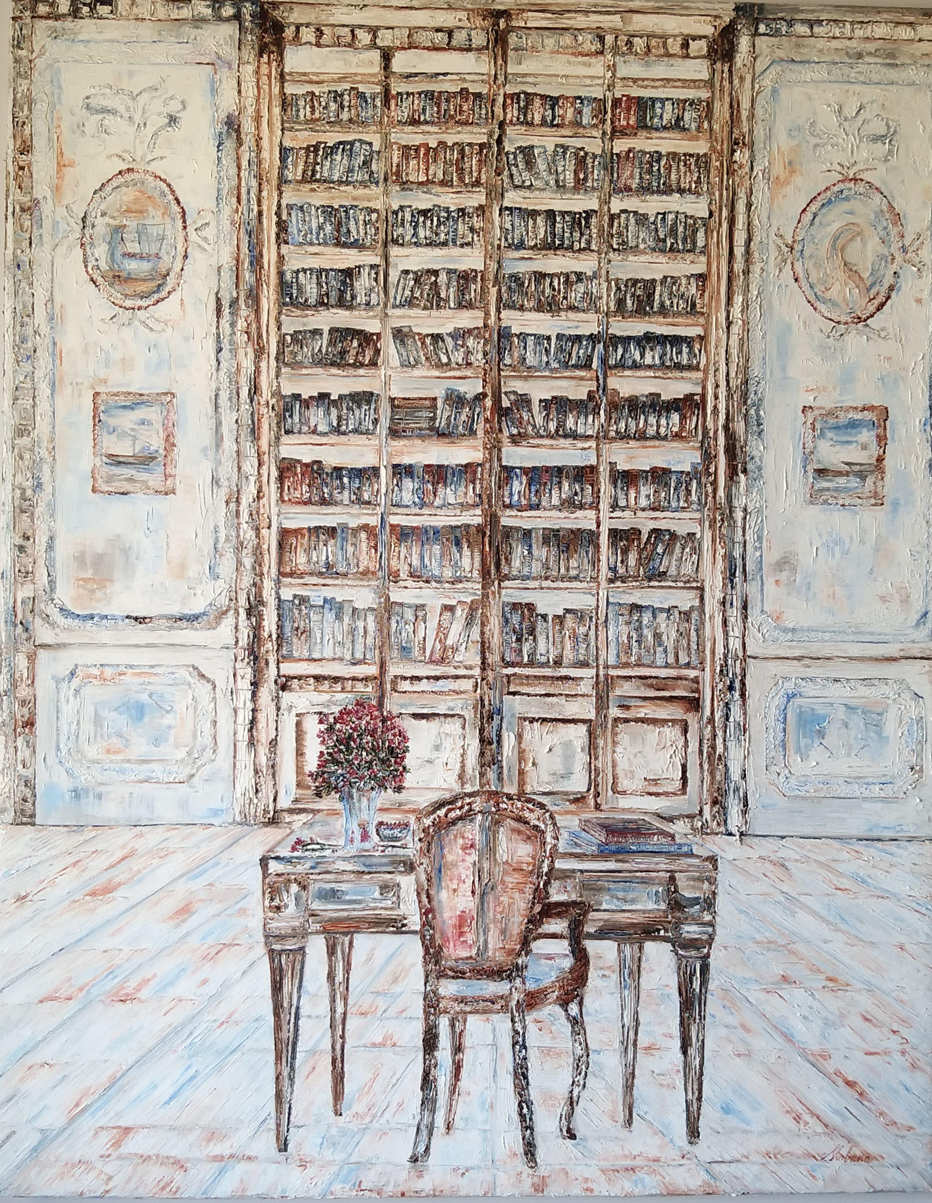 I have smeared colors on the canvas using a knife to give the artwork a deeply textured rough raw unfinished look.   Painting tries to capture the love for Good Reads.    The sides of the canvas are also painted to create a three dimensional quality