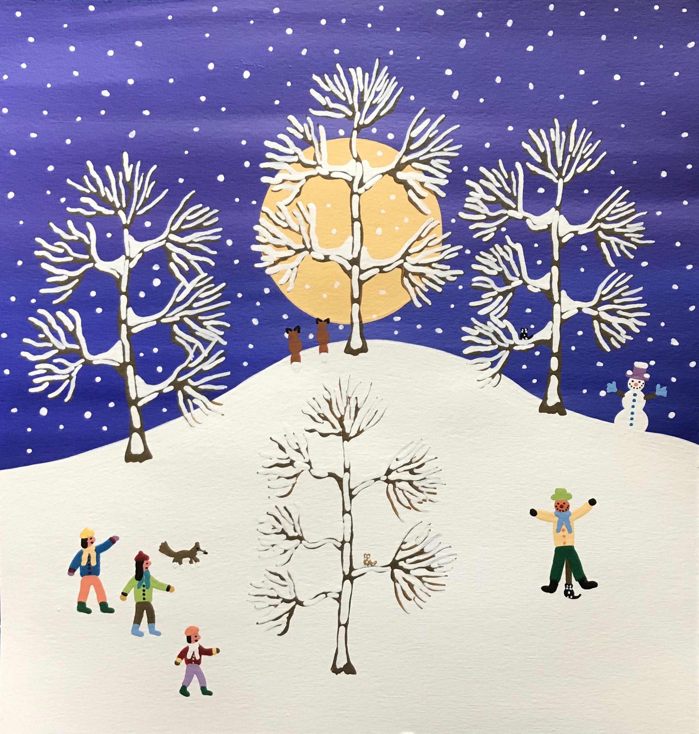Watching the snow moon, Painting, Acrylic on Paper