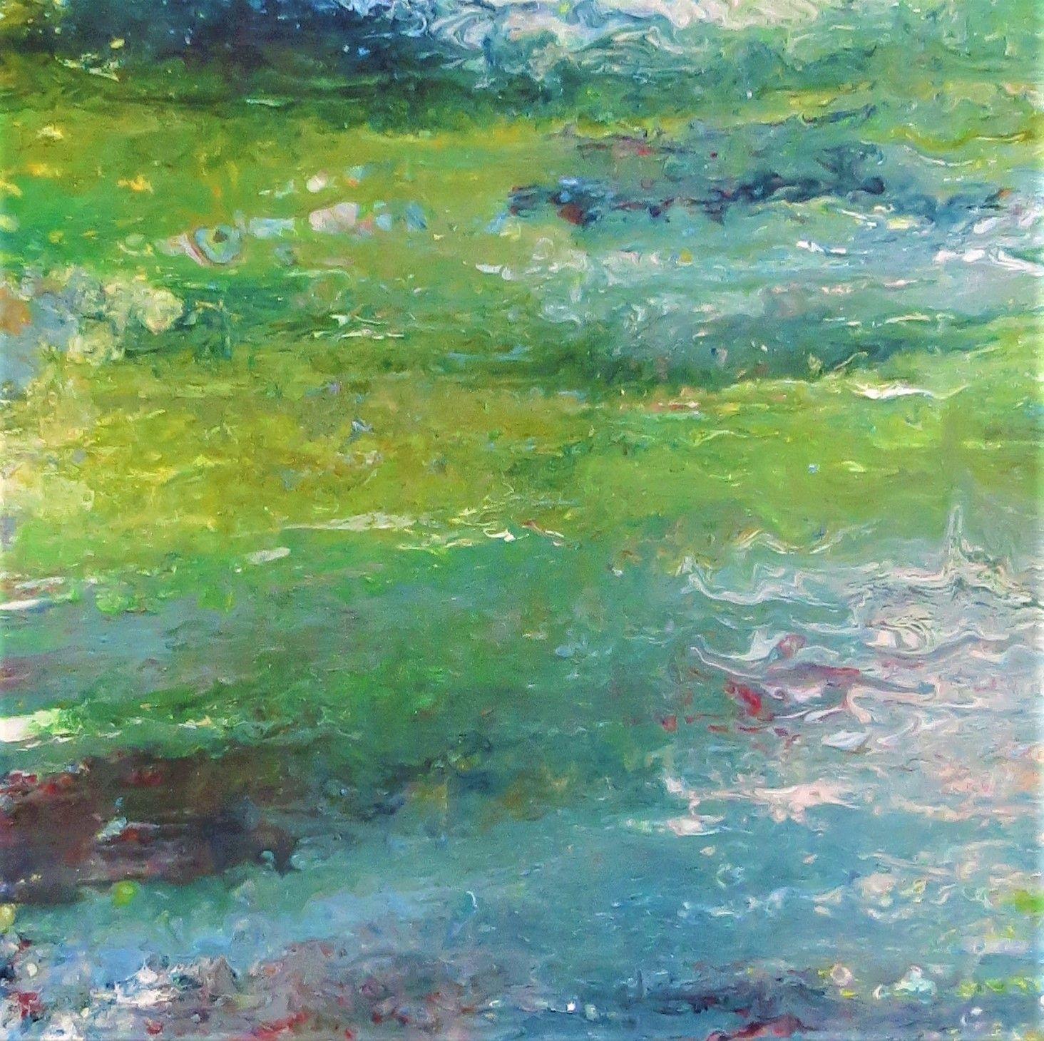 Inspired by Monet's Water Lilies. Modernized in abstract form. Warm blues and greens with highlights in red and purple. :: Painting :: Abstract Expressionism :: This piece comes with an official certificate of authenticity signed by the artist ::