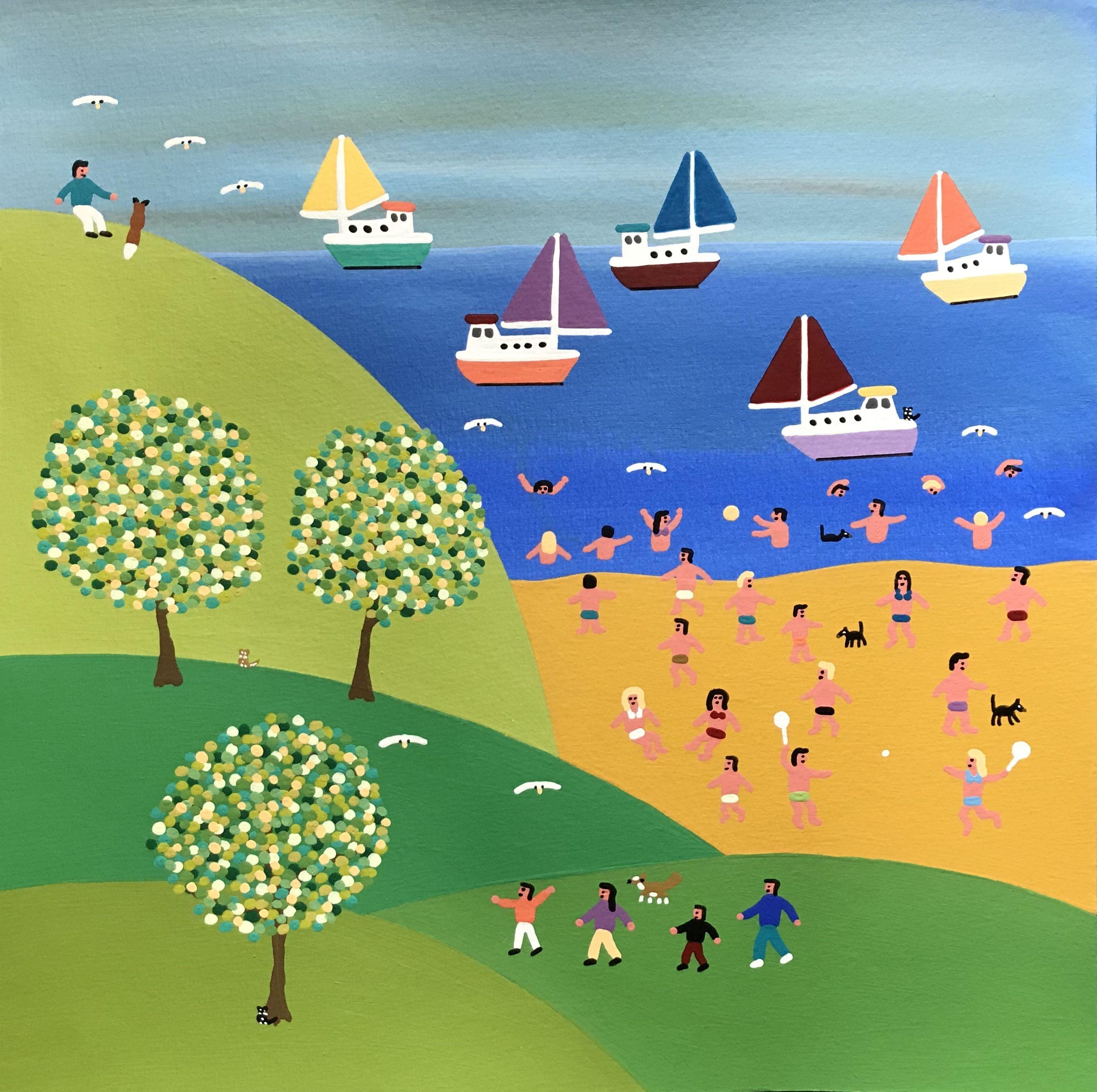 A brilliant day looking out to sea with the breeze blowing the wonderful smell of the sea  Sitting relaxing looking out to sea with your best friend Mr fox :: Painting :: Folk Art :: This piece comes with an official certificate of authenticity