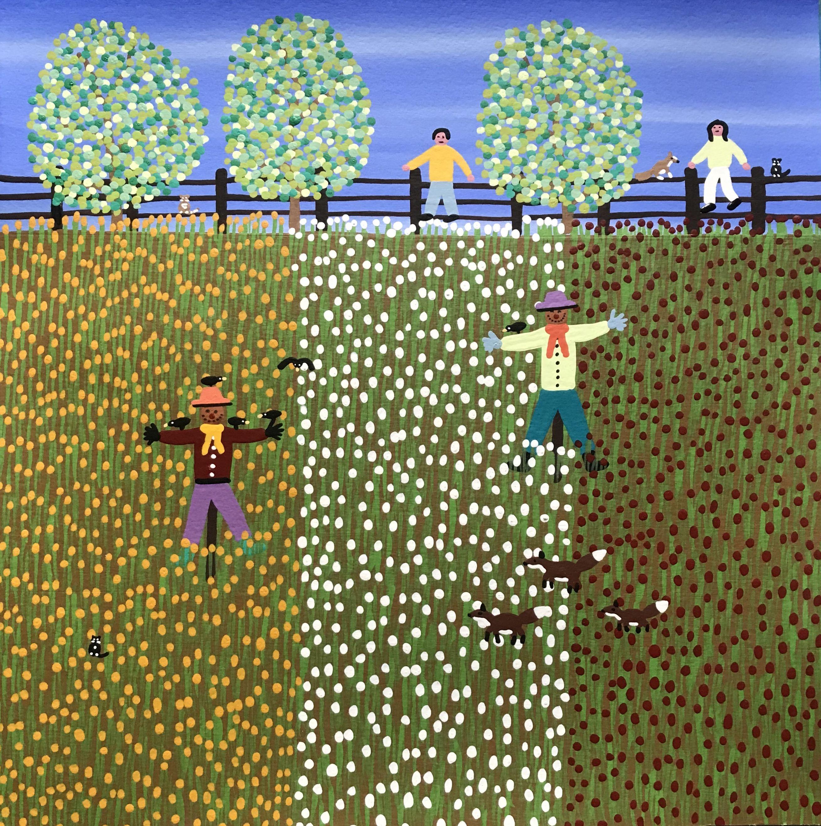 A summers day walk in the countryside looking across the field of flowers with the scarecrows standing guard  :: Painting :: Folk Art :: This piece comes with an official certificate of authenticity signed by the artist :: Ready to Hang: No ::
