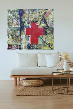 VERMILION CROOS ON COMPOSITE GREENS, Gemälde, Acryl auf Leinwand