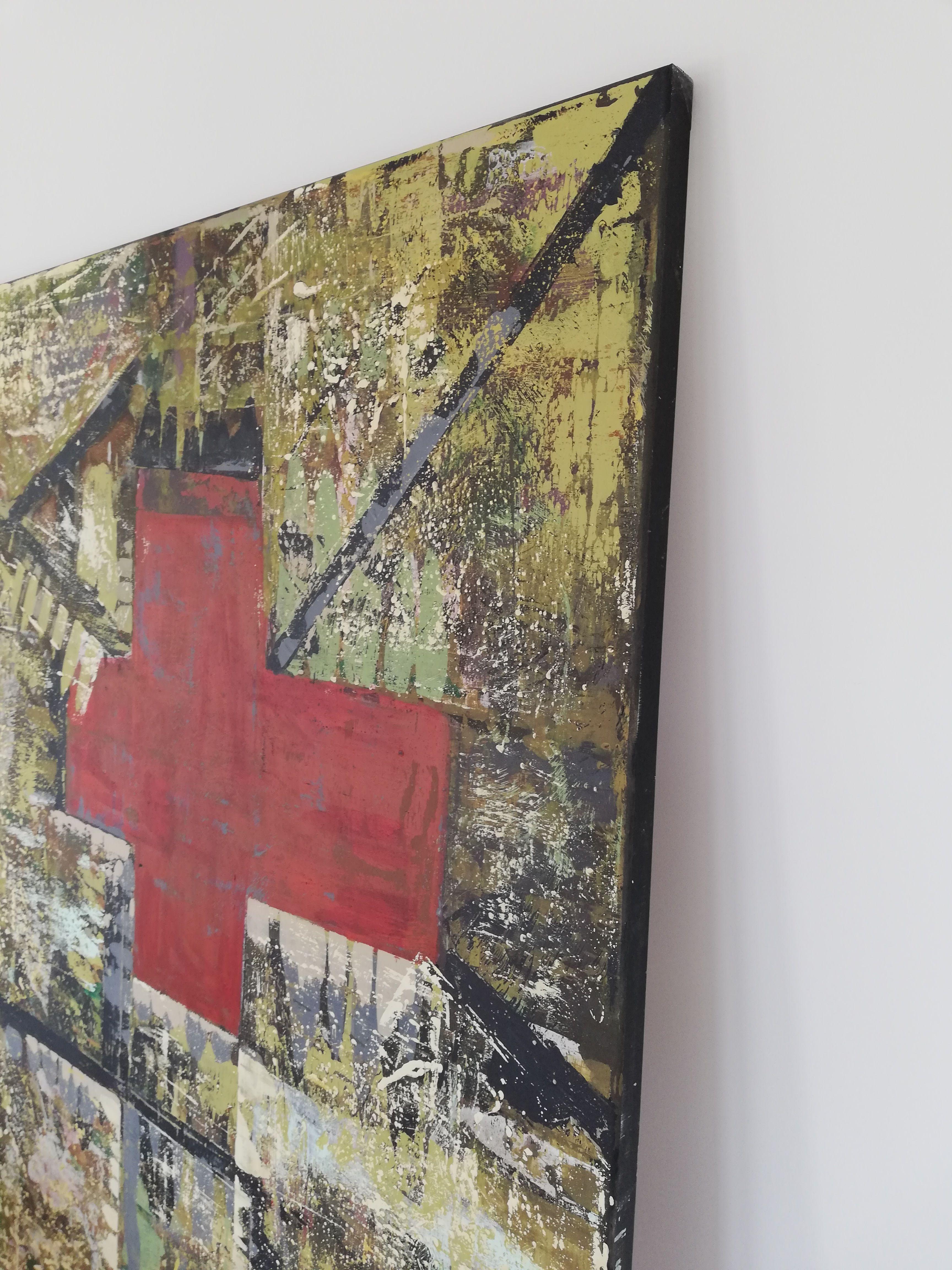 WORK CARRIED OUT FOLLOWING THE CURRENT OF ABSTRACT NON-CONFORMITY WITHIN ABSTRACT EXPRESSIONISM, A BOLD COMPOSITION GIVES THE RED COLOR OF THE CROSS HIGHLIGHTS ABOVE A RANGE OF COMPOSITE GREEN, IN SOME FORM IN ALL THE WORK OF THE MUCH SANIT AL