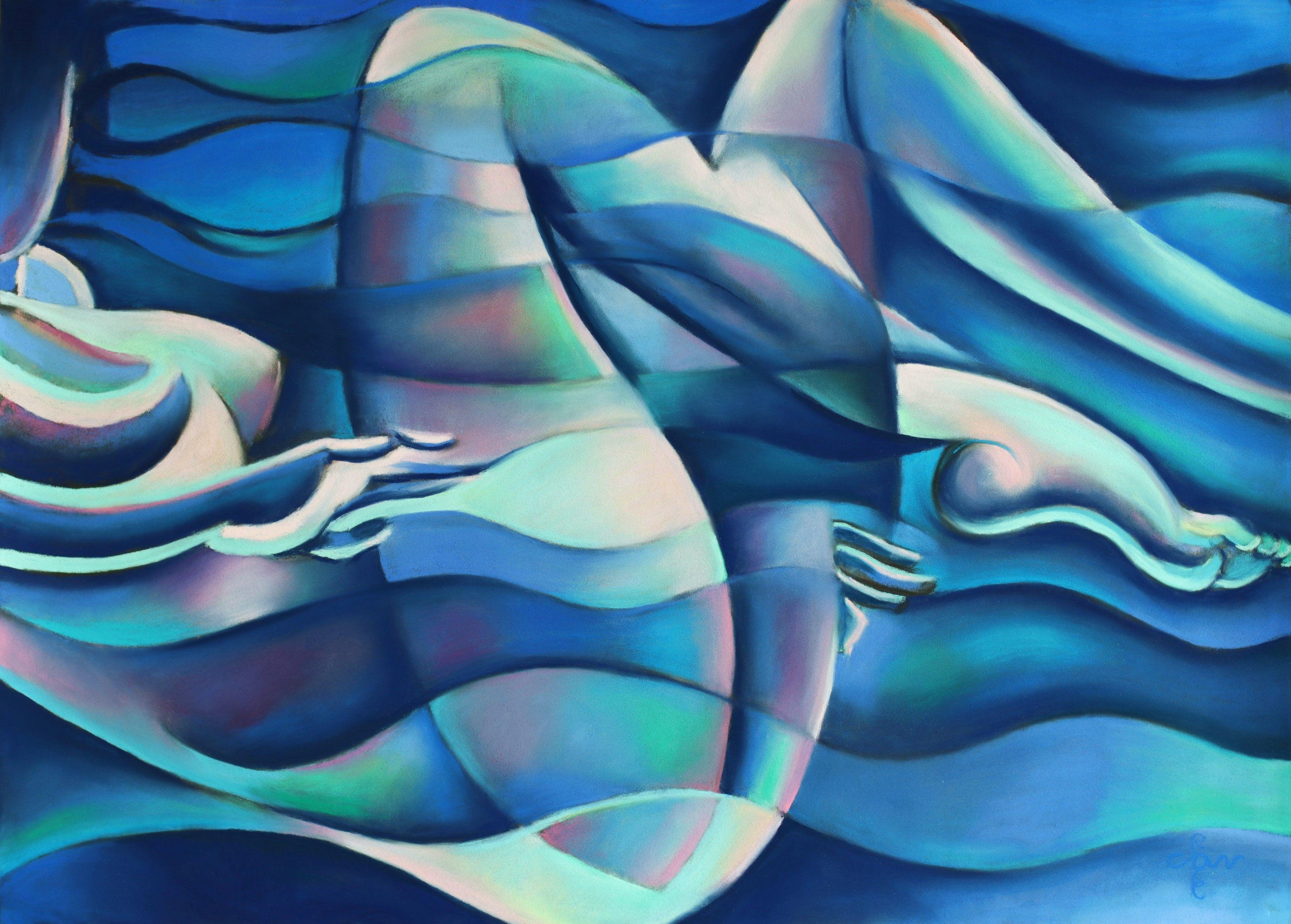Free Floating Blue Wave Nude - 10-02-21, Zeichnung, Pastellfarben auf Papier – Art von Corne Akkers
