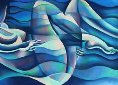 Free Floating Blue Wave Nude - 10-02-21, Drawing, Pastels on Paper