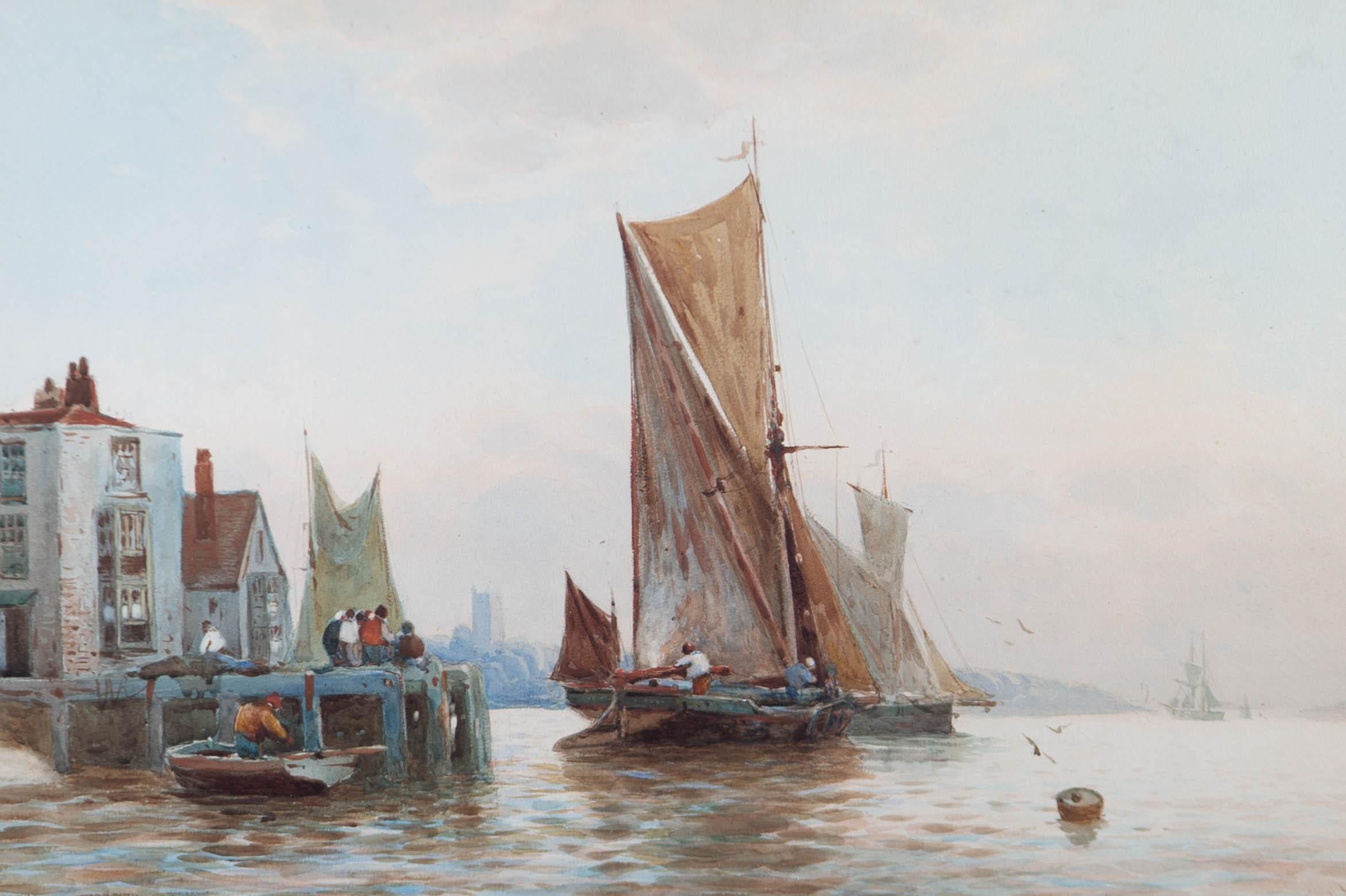 A charming watercolour of impressive size and age, showing a sailboat having just released its mooring ties, heading off down the estuary to the mouth of the sea. Figures can be seen working on the jetty to the left. The artist has signed and dated