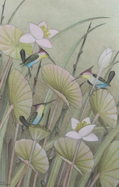 Teta - Balinese School 20th Century Gouache, Birds on Lotus Flowers