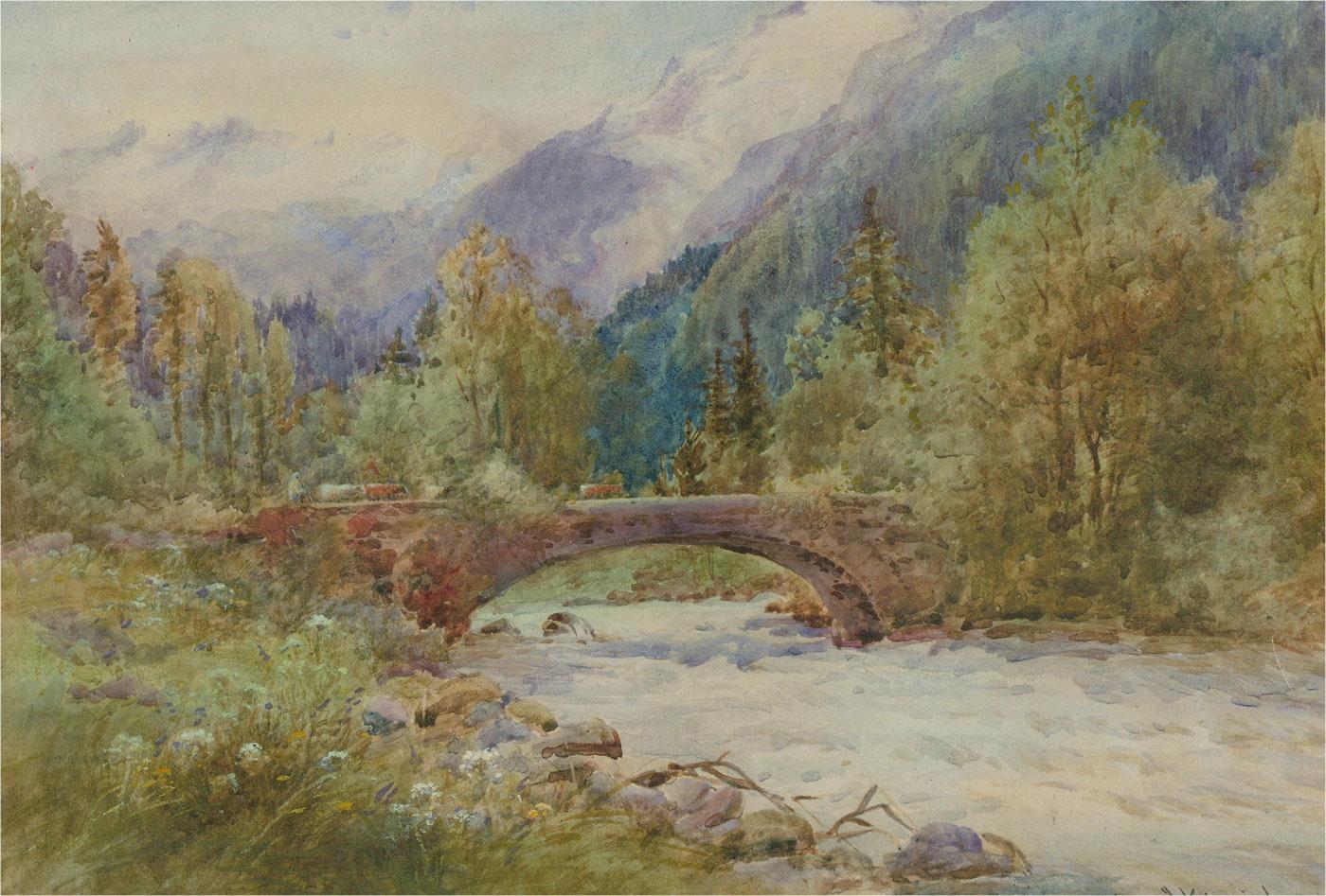 A fine watercolour painting with body colour details by the British artist Henry John Kinnaird. The scene depicts a Swiss river landscape view with snow covered mountains in the distance. The colour palette and overall balance of the composition
