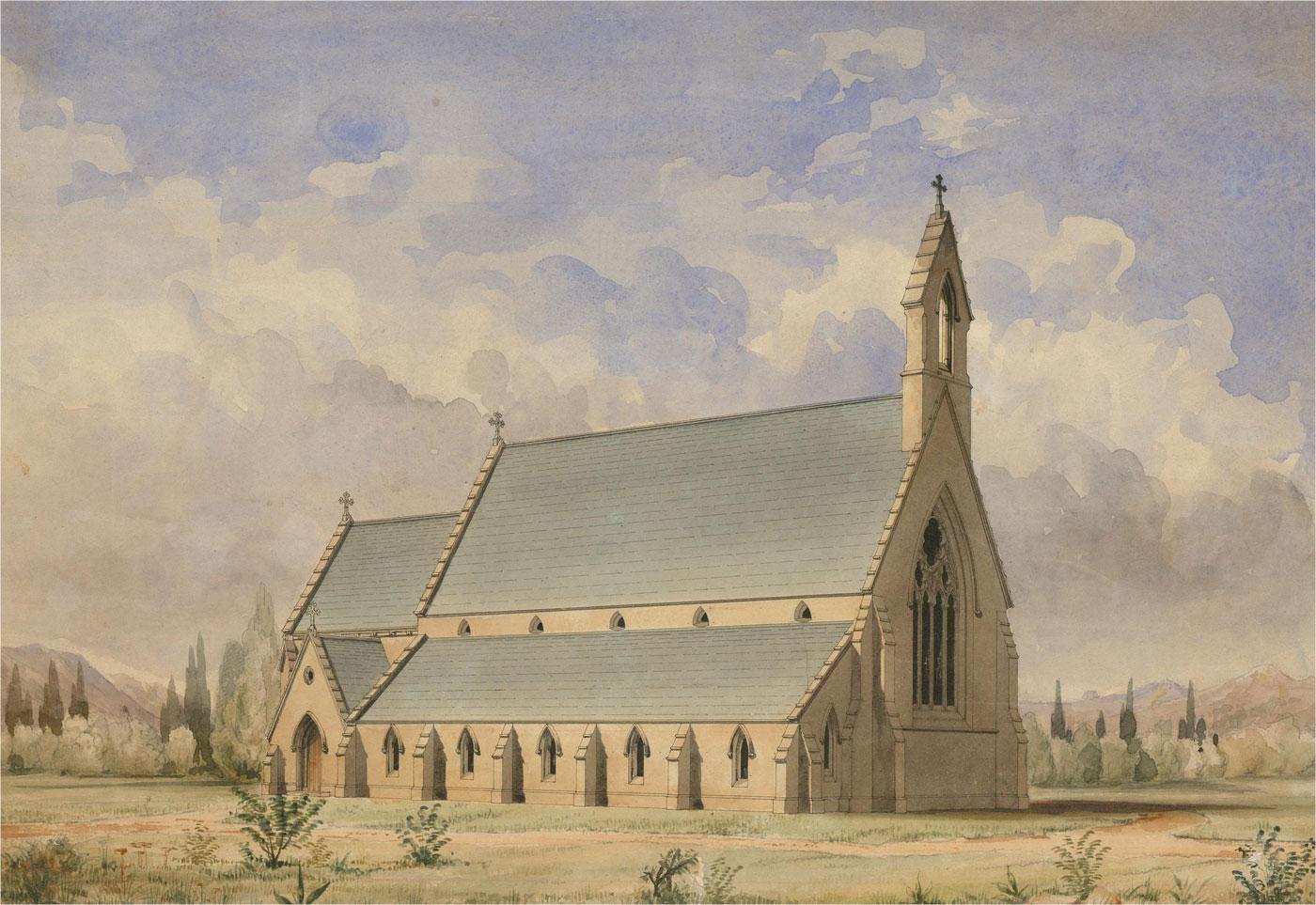 Fine Late 19th Century Watercolour - Church Design - Brown Landscape Art by Unknown