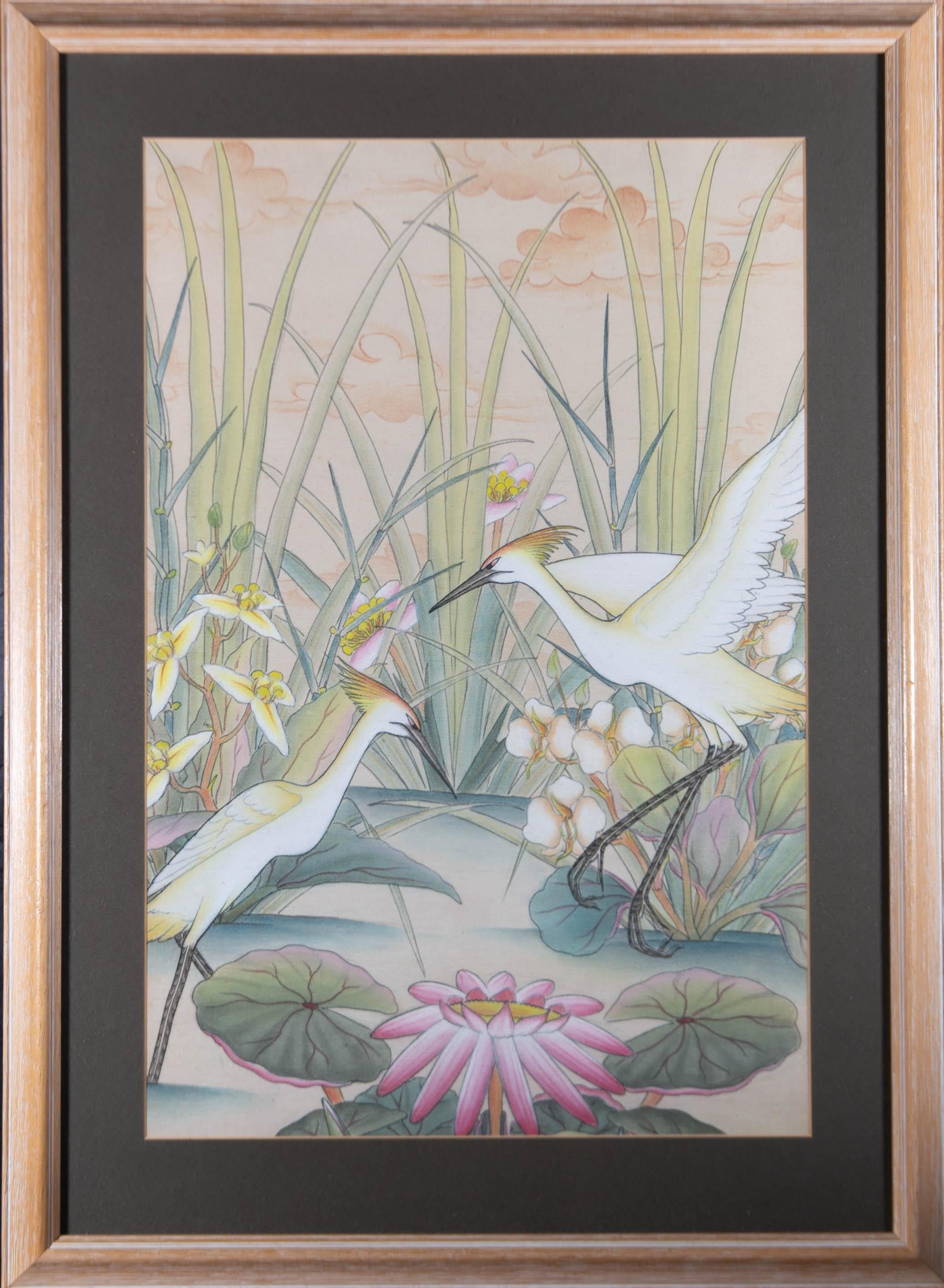 Unknown Animal Art - Balinese School 20th Century Gouache - Egrets in Lotus Pond