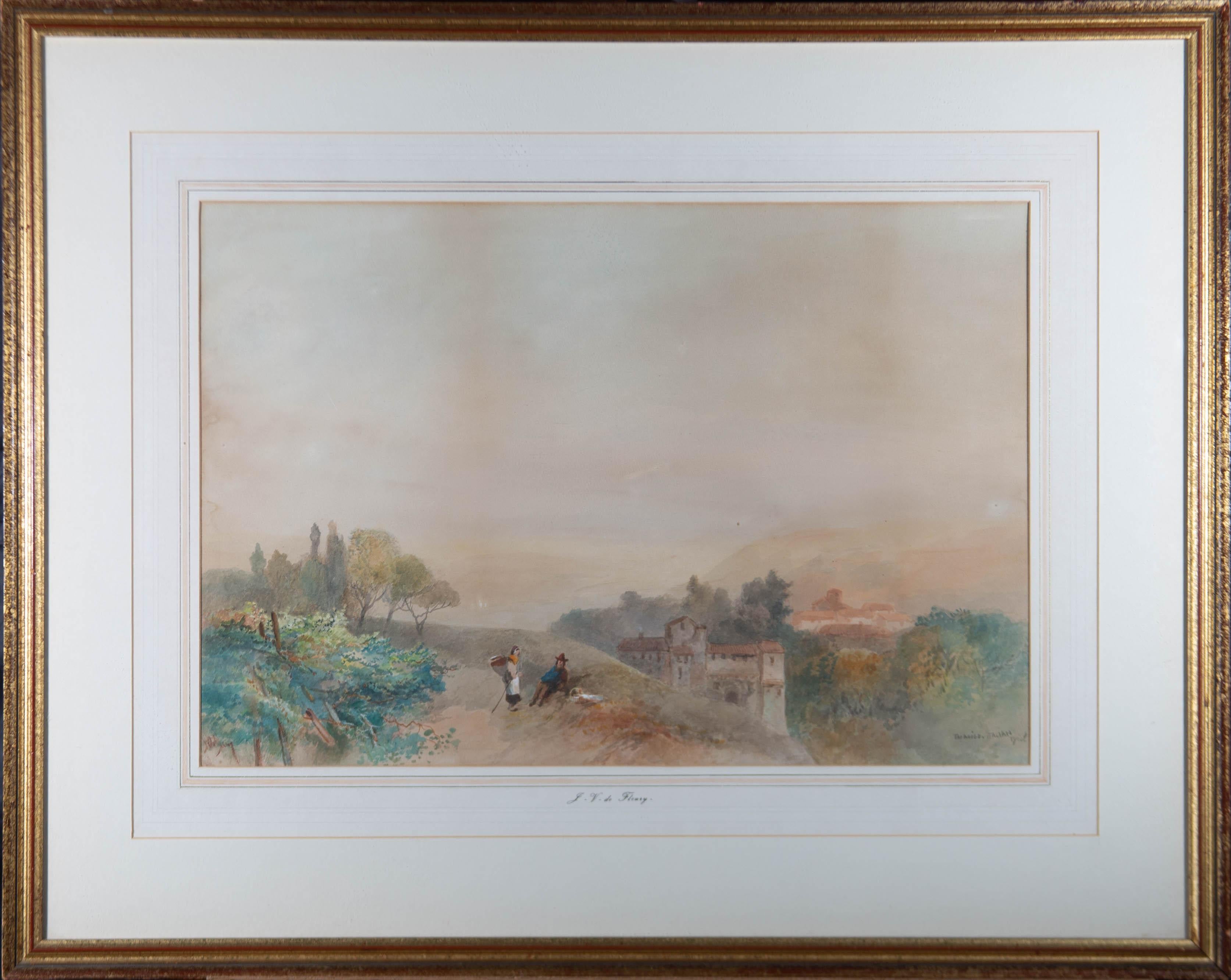 An panoramic view of the Adige valley in South Tyrol, Italy. The artist has inscribed to the lower right corner and the painting has been presented in a contemporary gilt effect frame with a wash-line mount which has been inscribed with the artist's