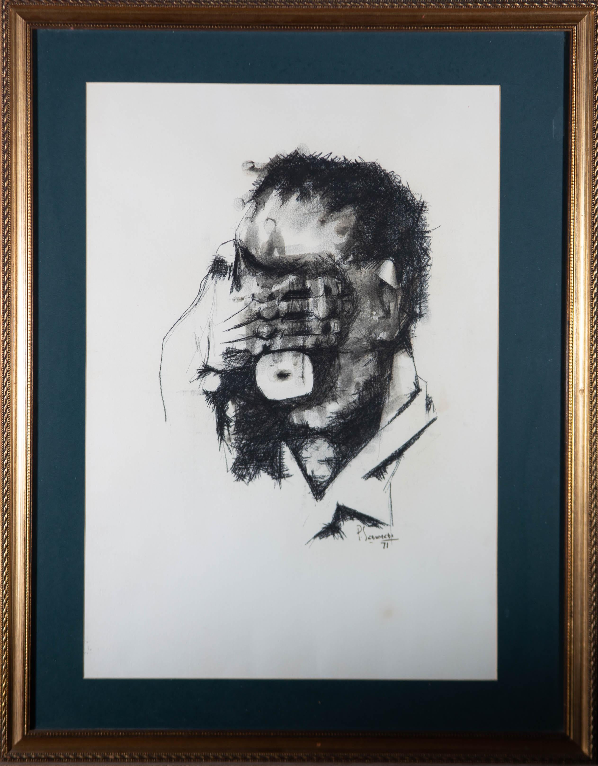 Unknown Portrait - P. Sedumedi - 1971 Charcoal Drawing, Covering the Face