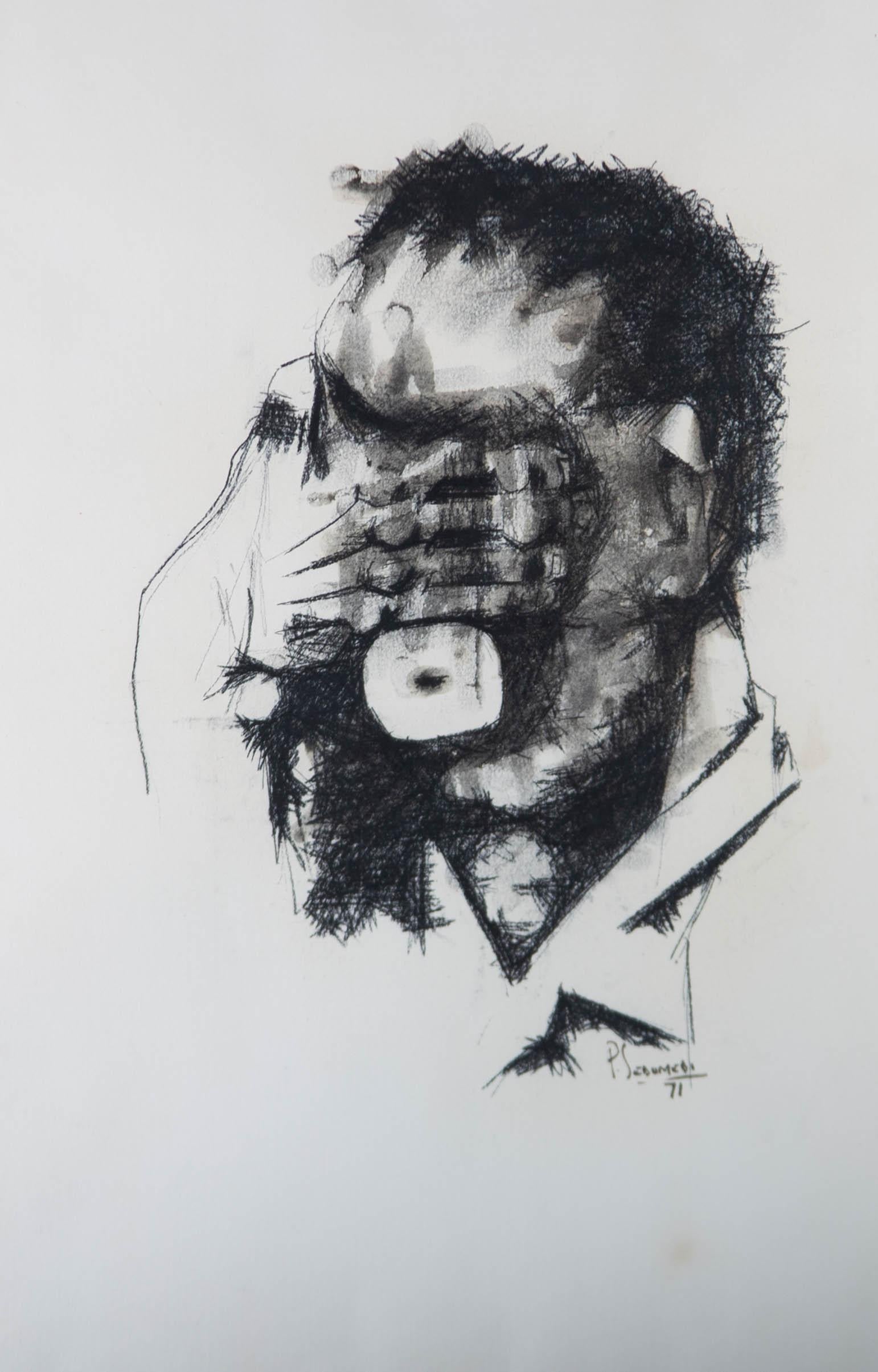 P. Sedumedi - 1971 Charcoal Drawing, Covering the Face - Art by Unknown