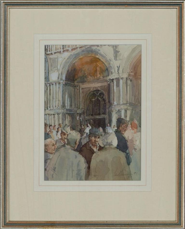 Paul Banning (b.1934) RI, RSMA - 1995 Watercolour, Sunday Morning Chat, Venice - Brown Figurative Art by Unknown