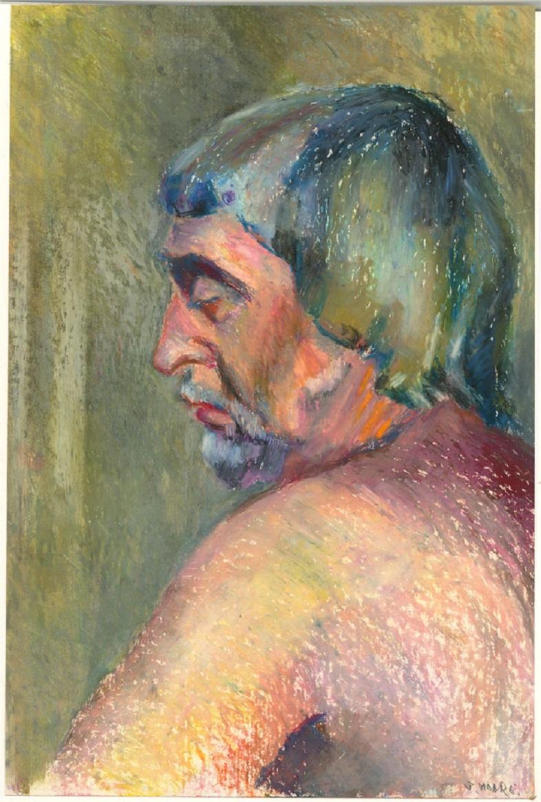 A vibrant palette is used in a gestural manner to depict a captivating portrait of a man deep in thought. The artwork holds a charismatic charm and is signed in the bottom right-hand corner.
On wove.
