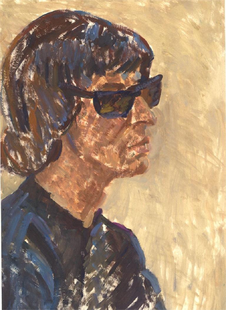 Linear brush strokes are used in a direct, intuitive style to depict a strong portrait of a figure in sunglasses. Unsigned. On wove.