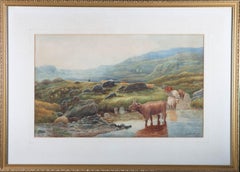 David Gorman - 1878 Watercolour, Highland Cattle in Landscape