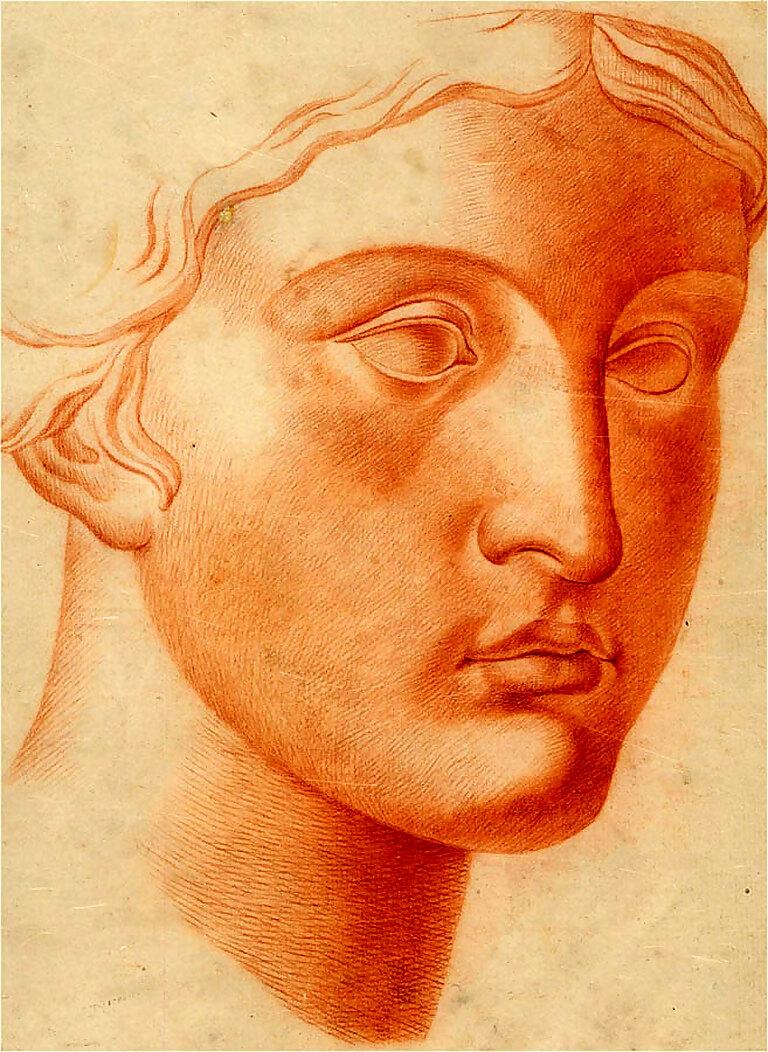 Niccola Santirelli Delegro - French School 1815 Sanguine, Classical Head Study - Art by Unknown