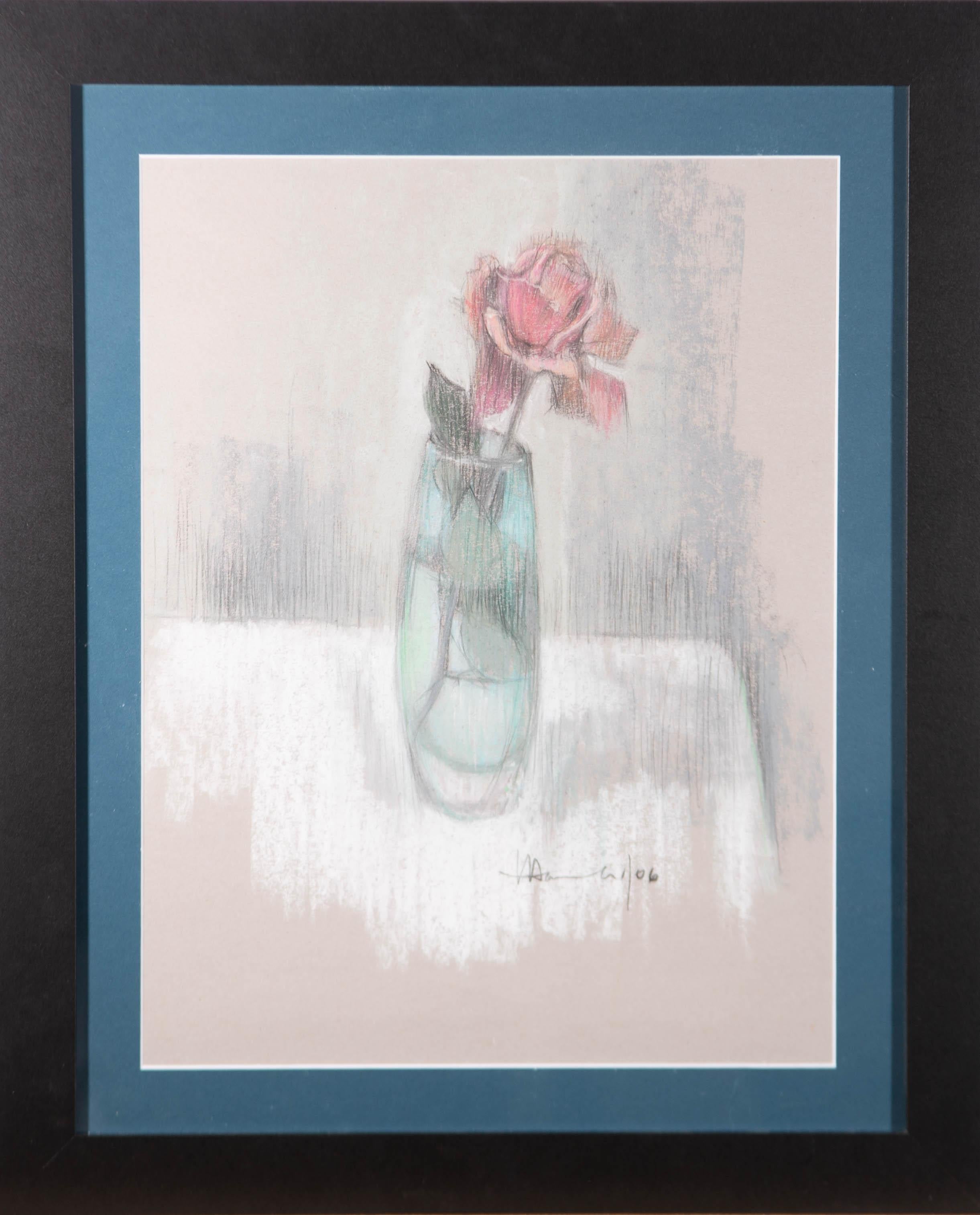 Unknown Still-Life - Val Hamer - 2006 Pastel, Rose in Green Vase