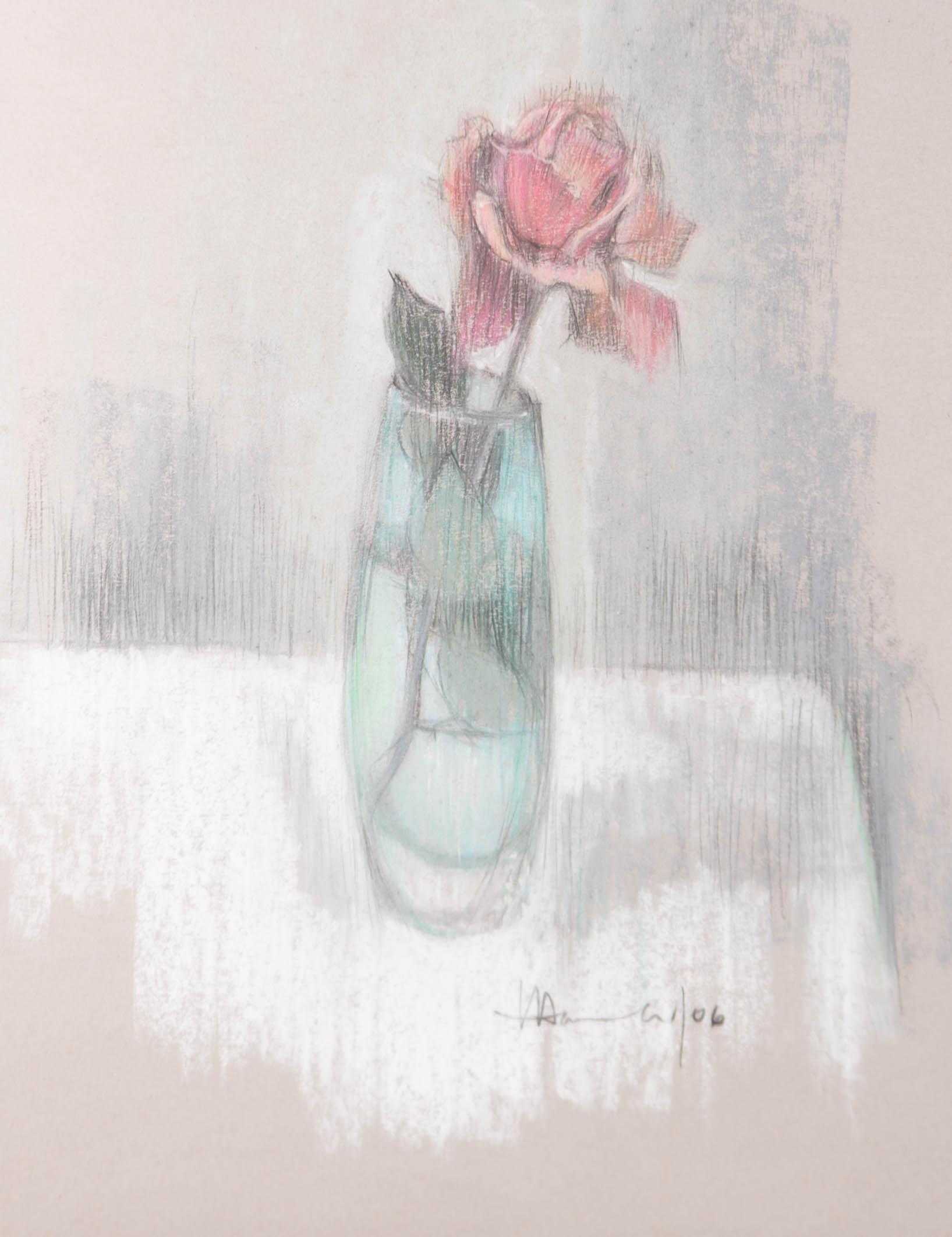 Val Hamer - 2006 Pastel, Rose in Green Vase - Art by Unknown