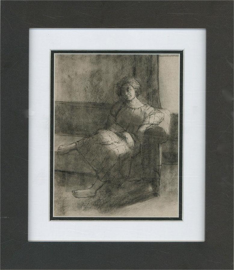A fine pen and ink study with charcoal by the artist Peter Collins. The scene depicts a female figure reclined on a sofa. Unsigned. Artist's name is inscribed on the reverse. Well-presented in a white on black double card mount and in a simple