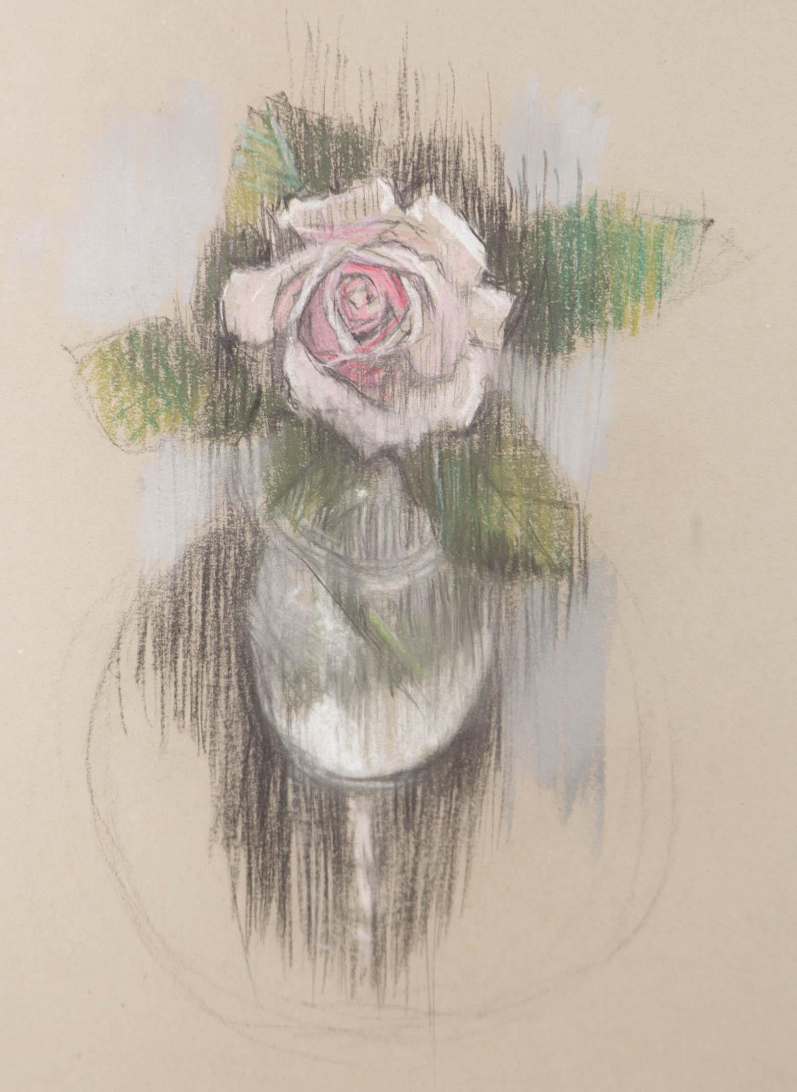 Val Hamer - Zeitgenössische Pastellvase, Rose in klarem Vase (Grau), Still-Life, von Unknown
