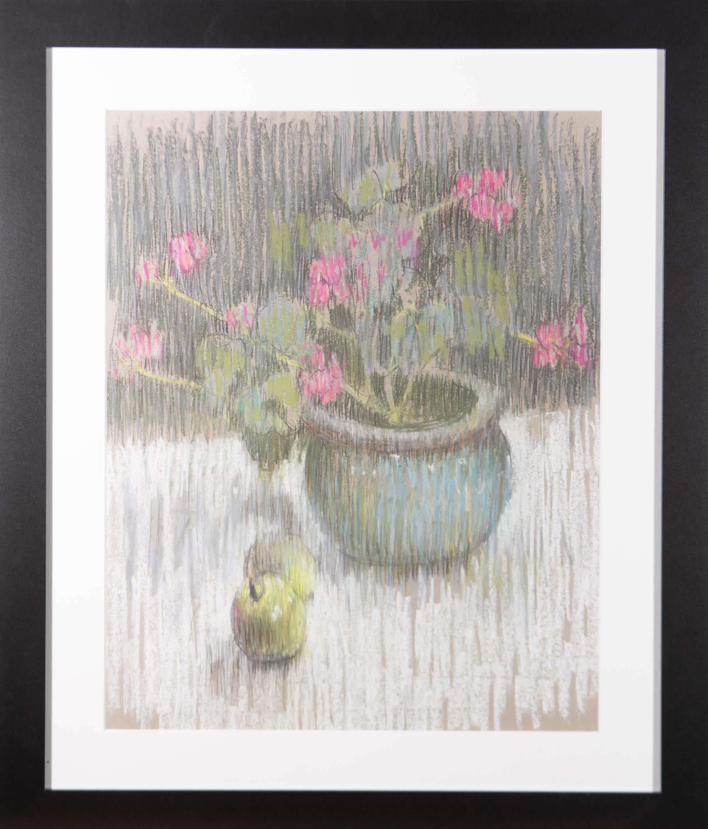 Pastel contemporain, pot à fleurs et pommes vertes Val Hamer