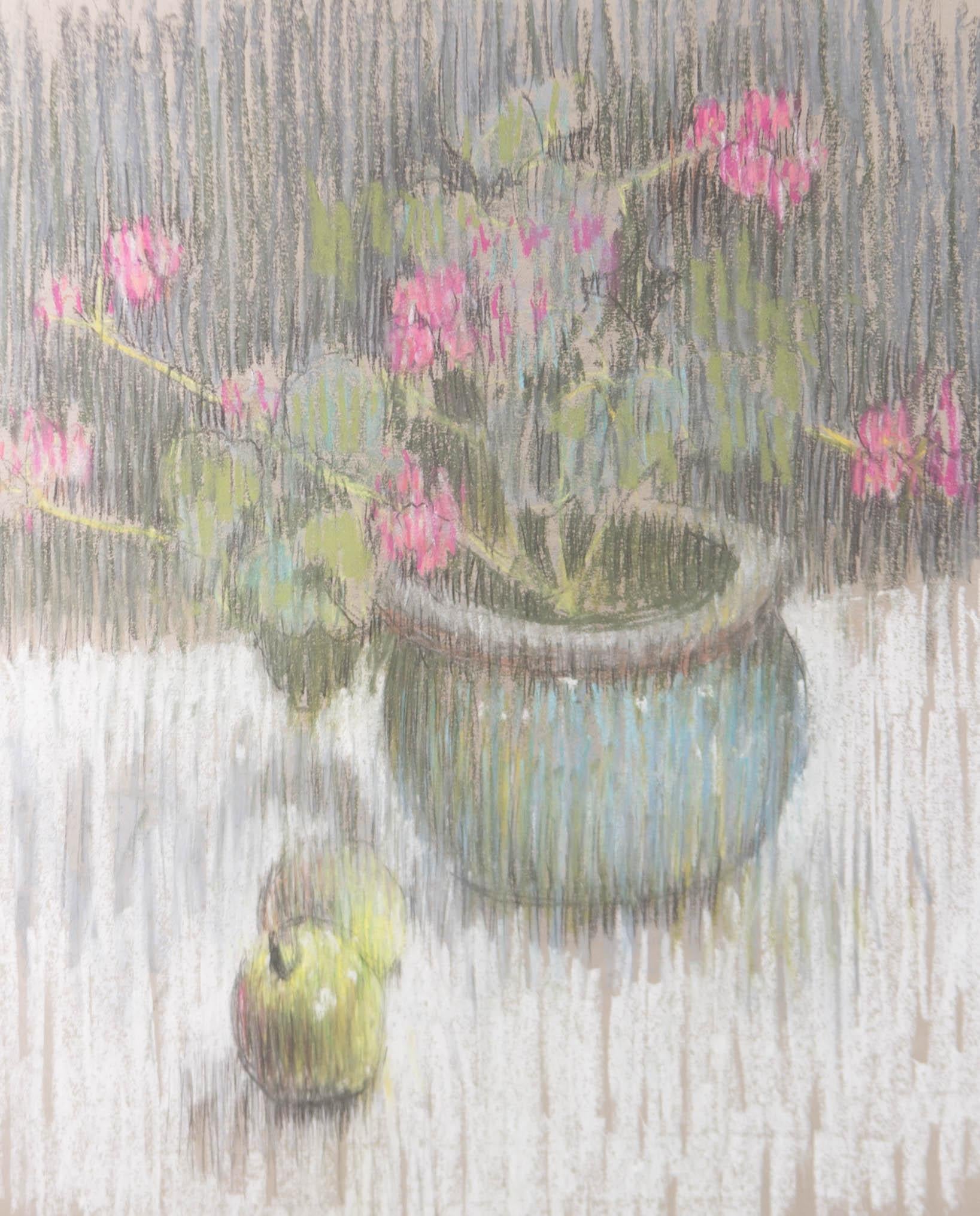 Val Hamer - Contemporary Pastel, Flower Pot and Green Apples - Art by Unknown