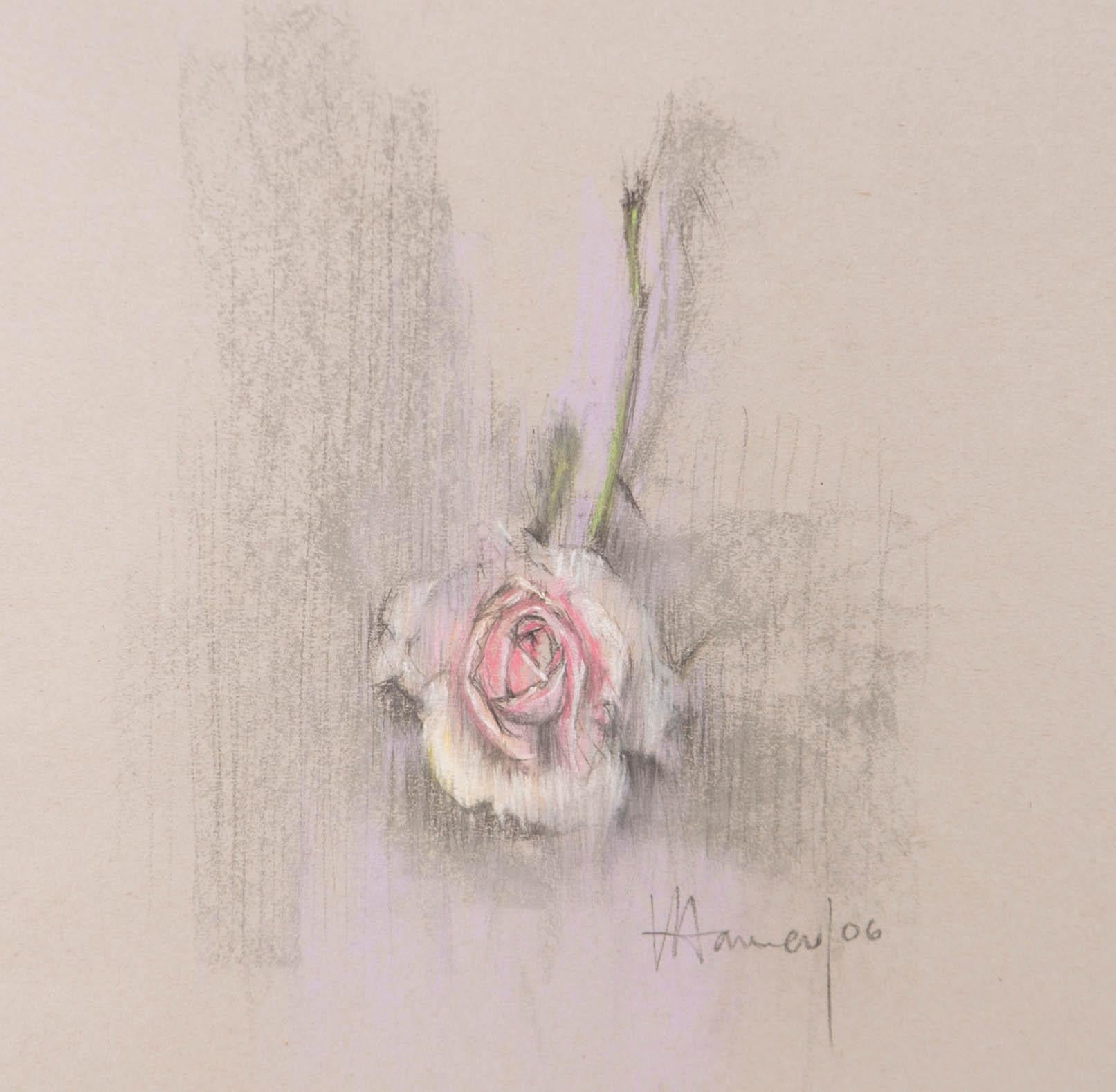 A charming pastel drawing by the British artist Val Hamer. The scene depicts a single light pink rose. In rough strokes, the artist was able to portray the simple yet beautiful essence of the flower depicted. Signed and dated to the lower right-hand