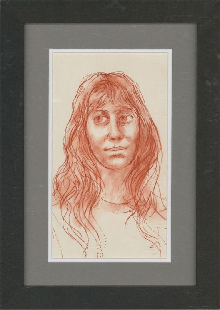 A charming charcoal drawing by the artist Peter Collins, depicting a long-haired figure. Unsigned. Well-presented in a grey on white double card mount and in a simple contemporary black frame. On wove.
