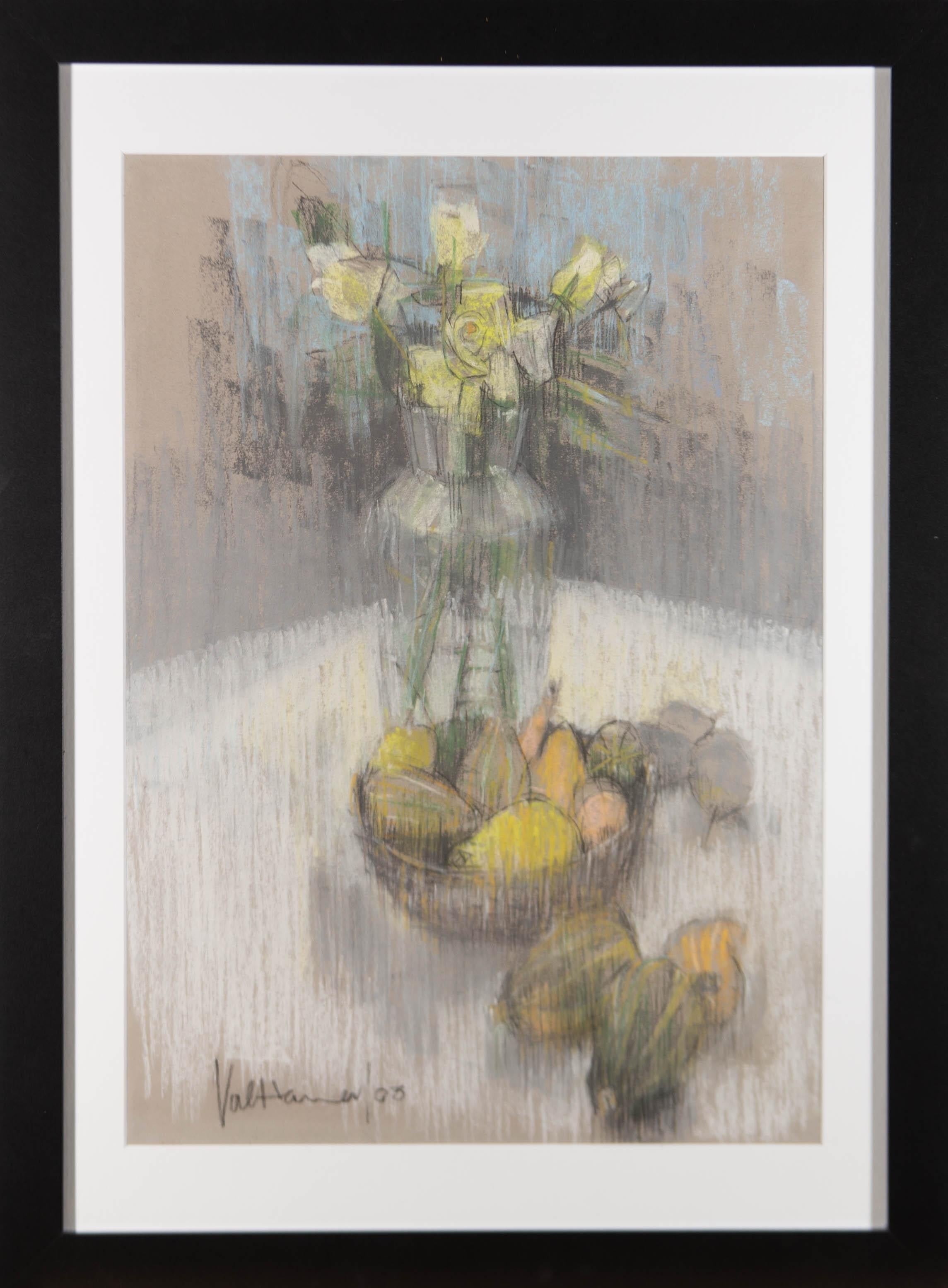 Unknown Still-Life - Val Hamer - 2003 Pastel, Yellow Roses and Fruit