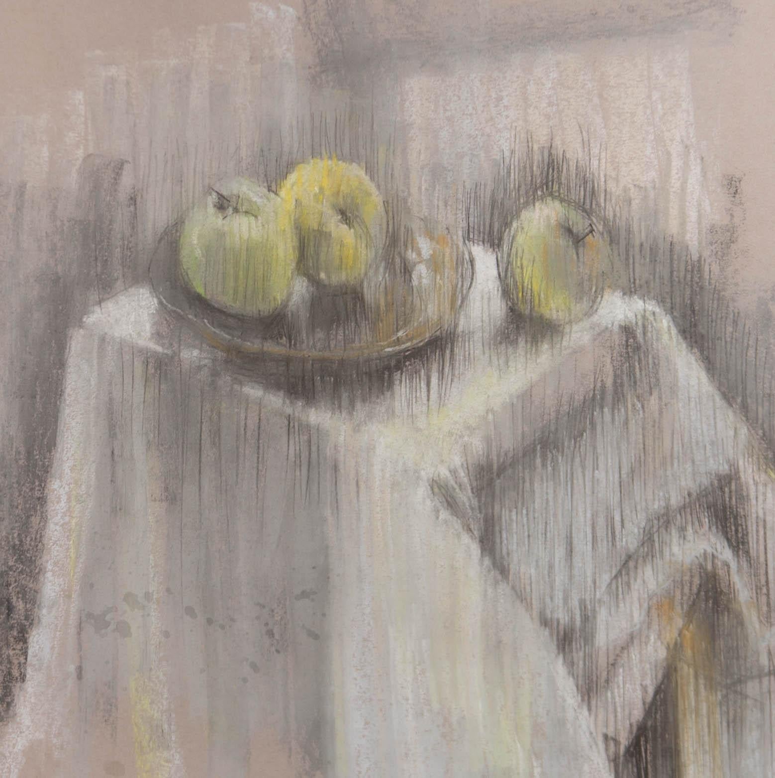 Val Hamer – Zeitgenössisches Pastell, drei grüne Äpfel (Grau), Still-Life, von Unknown