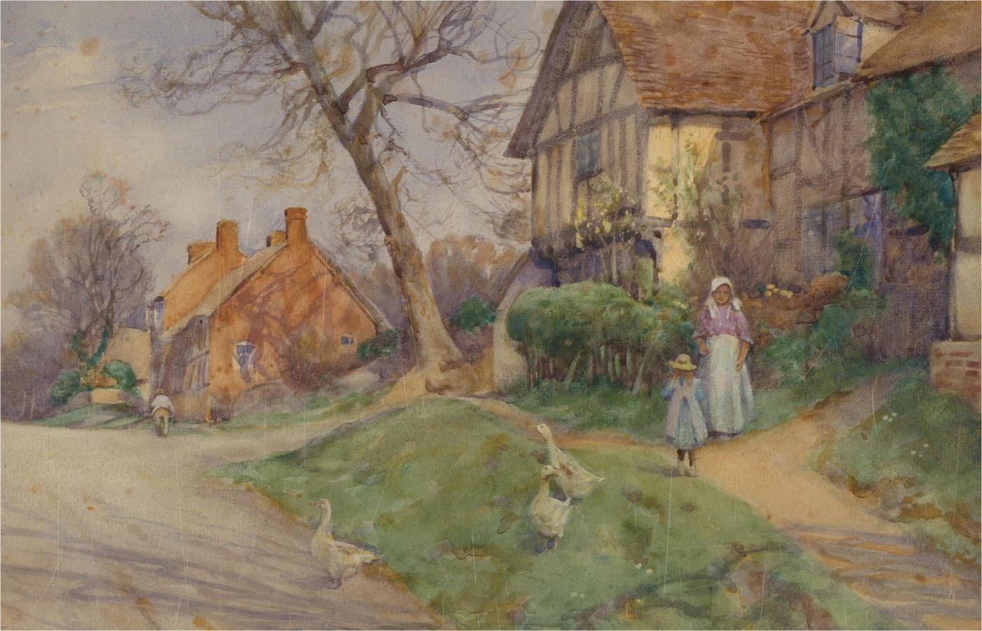 A charming watercolour painting with gouache details by the British artist George Frederick Nicholls. The scene depicts a village street view with figures and geese. Signed faintly to the lower left-hand corner. There is a Graves Gallery,